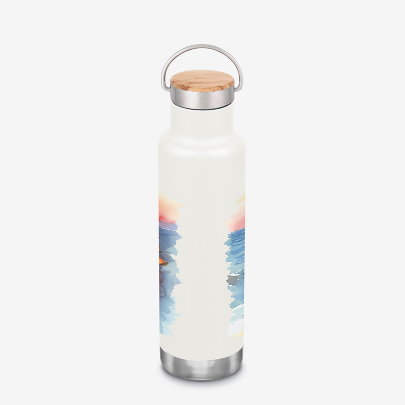 Earth Day - insulated water bottle with bamboo cap - beach graphic - back side