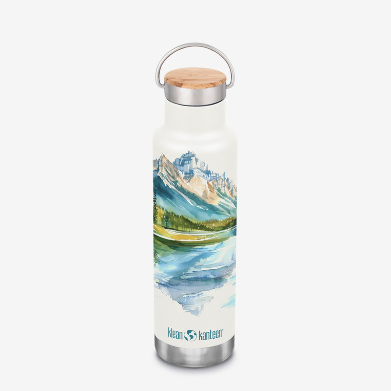 Earth Day - insulated water bottle with bamboo cap - mountain graphic