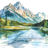 Closeup of watercolor mountain scene graphic