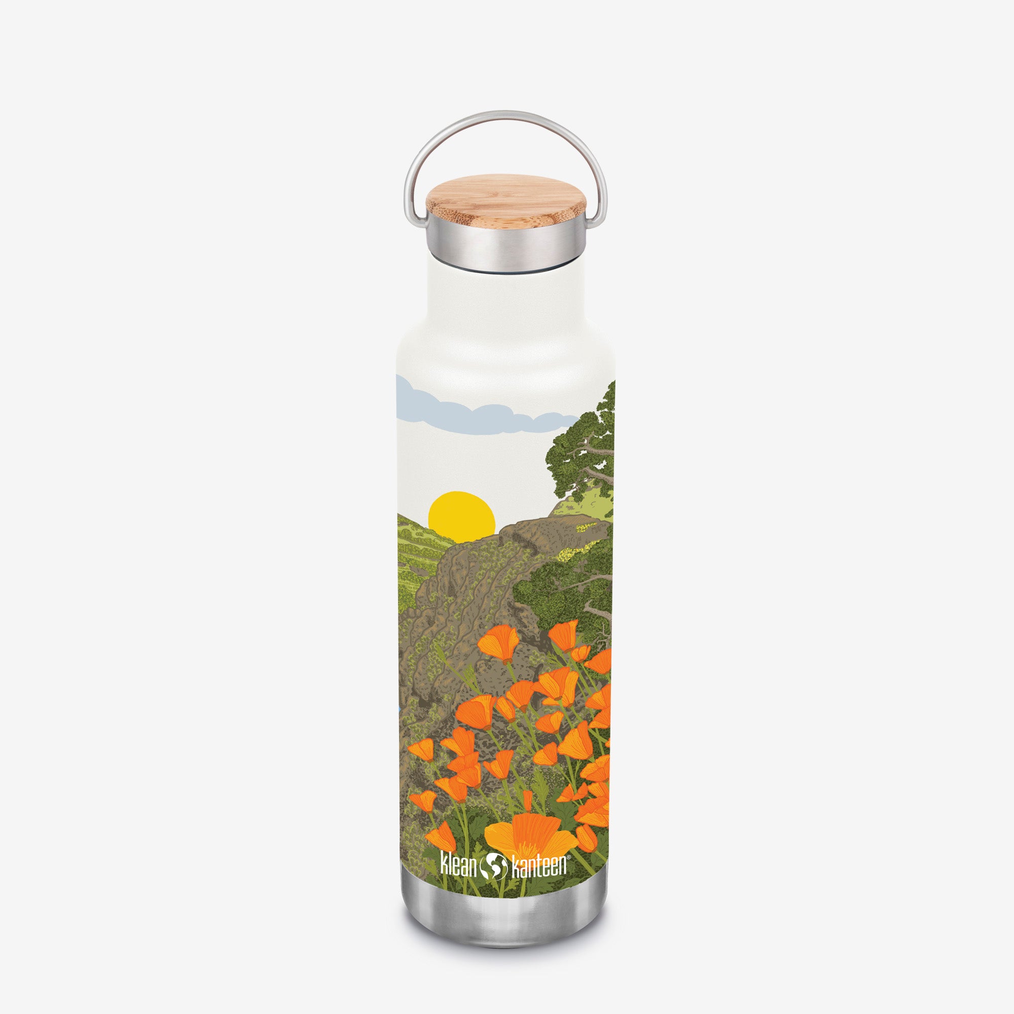 Klean Kanteen water bottle with nature-themed design on a white background