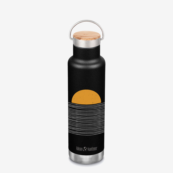 Insulated Water Bottle with Sunset Graphic and Bamboo Cap