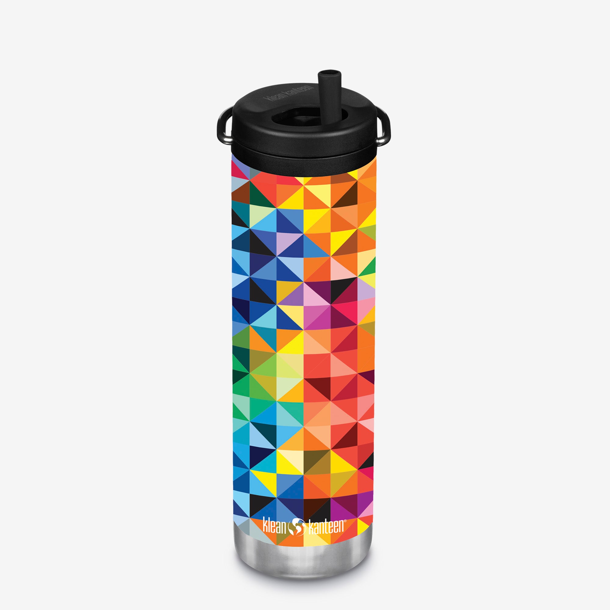 Colorful geometric patterned water bottle with black lid on a white background