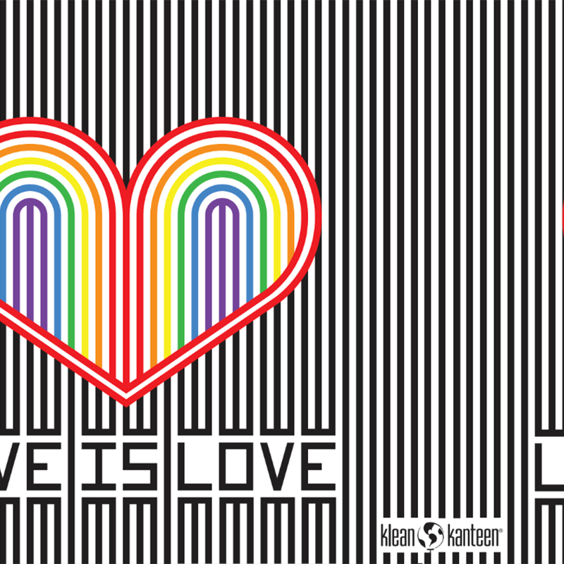 Heart-shaped rainbow design on a black and white striped background with 'Love is Love' text, featuring Klean Kanteen logo.