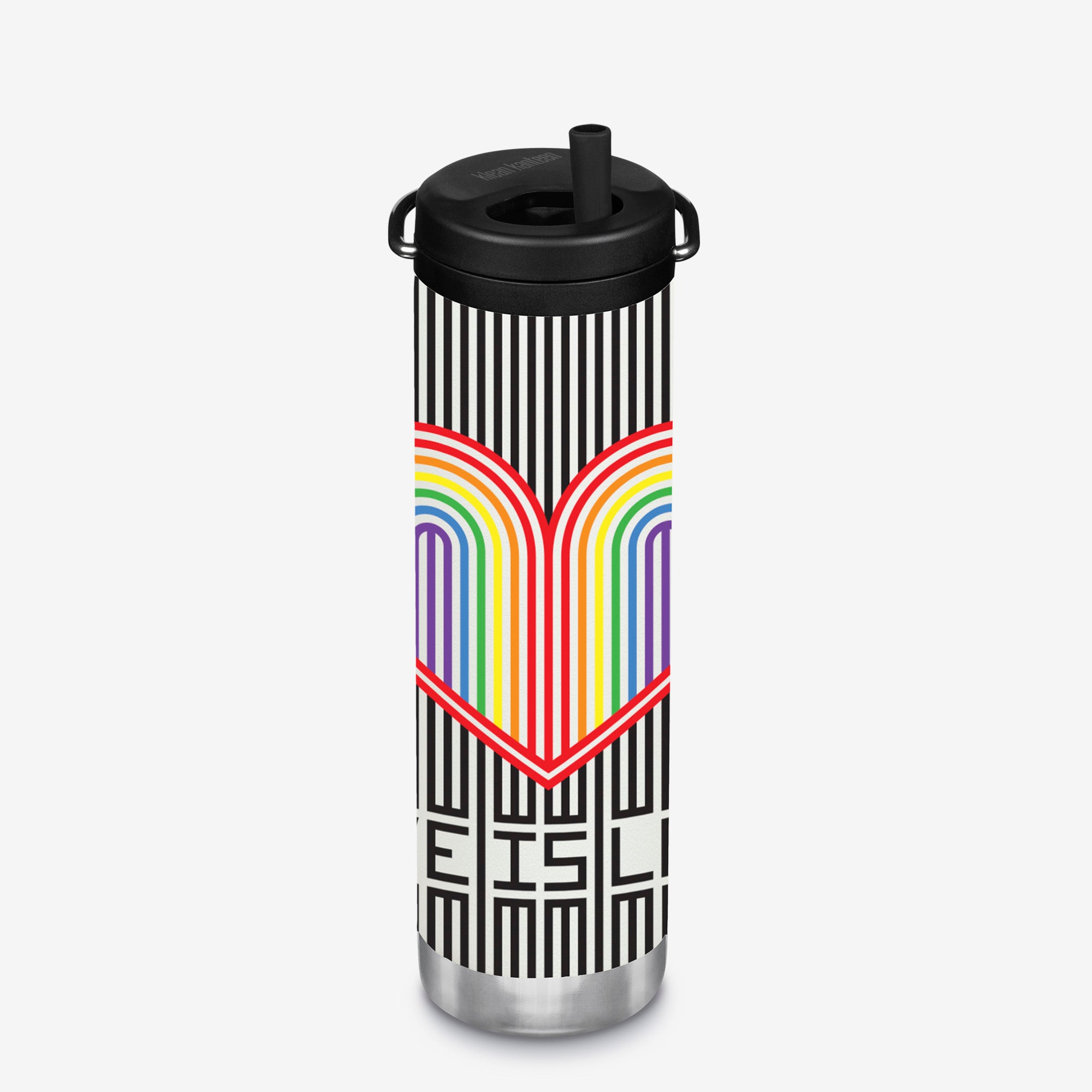 Water bottle with rainbow heart graphic, and black stripes on a white background
