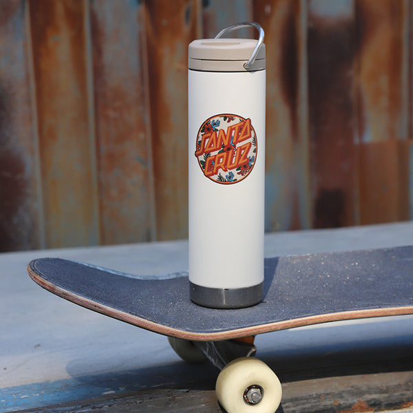 White Santa Cruz water bottle with a logo on a skateboard 