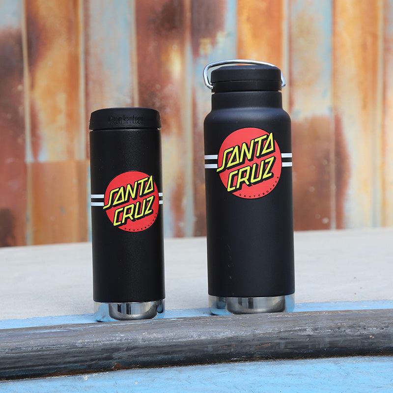 Two black water bottles with Santa Cruz logo graphic