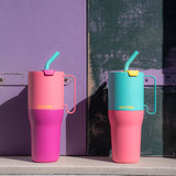 Two colorful tumblers with straws 