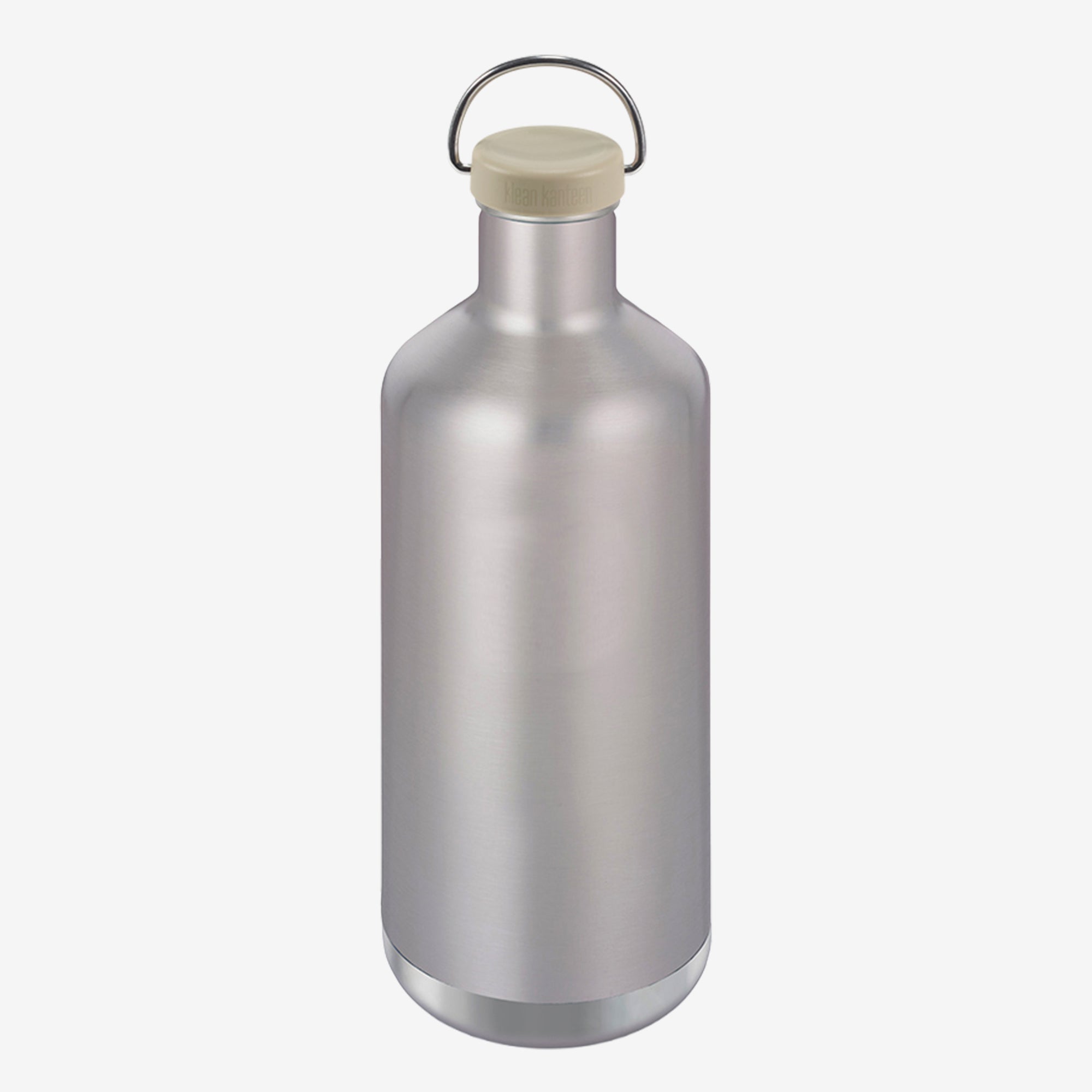 Silver water bottle with beige cap on a white background