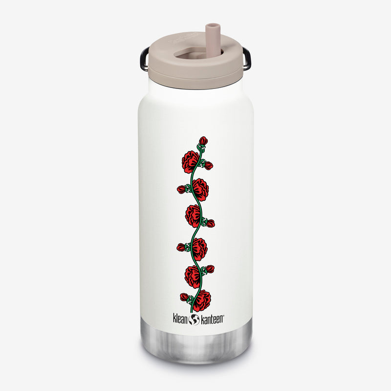 White water bottle with Santa Cruz red rose graphics on back of Klean Kanteen 