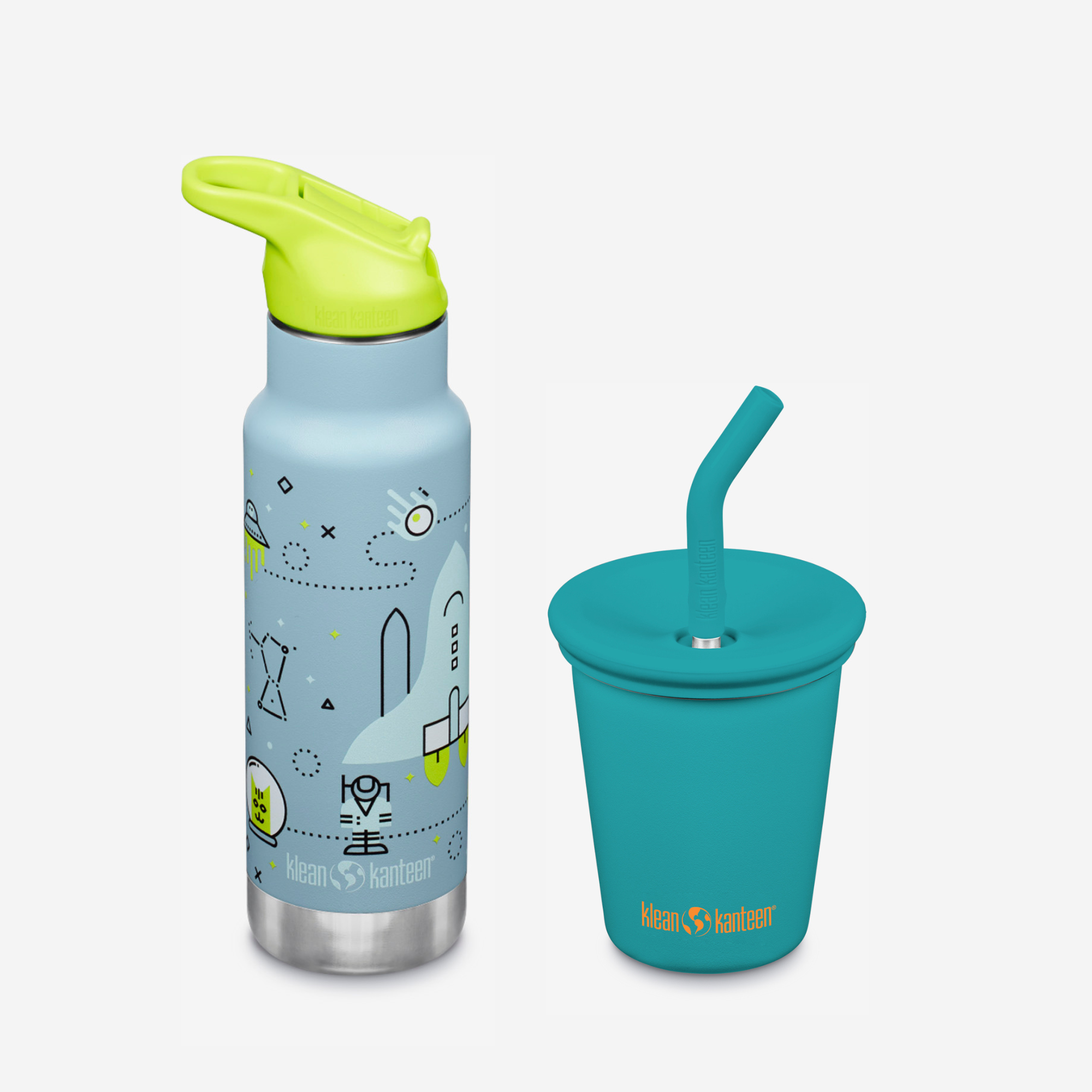 Children's water bottle and cup with straw lid on a white background