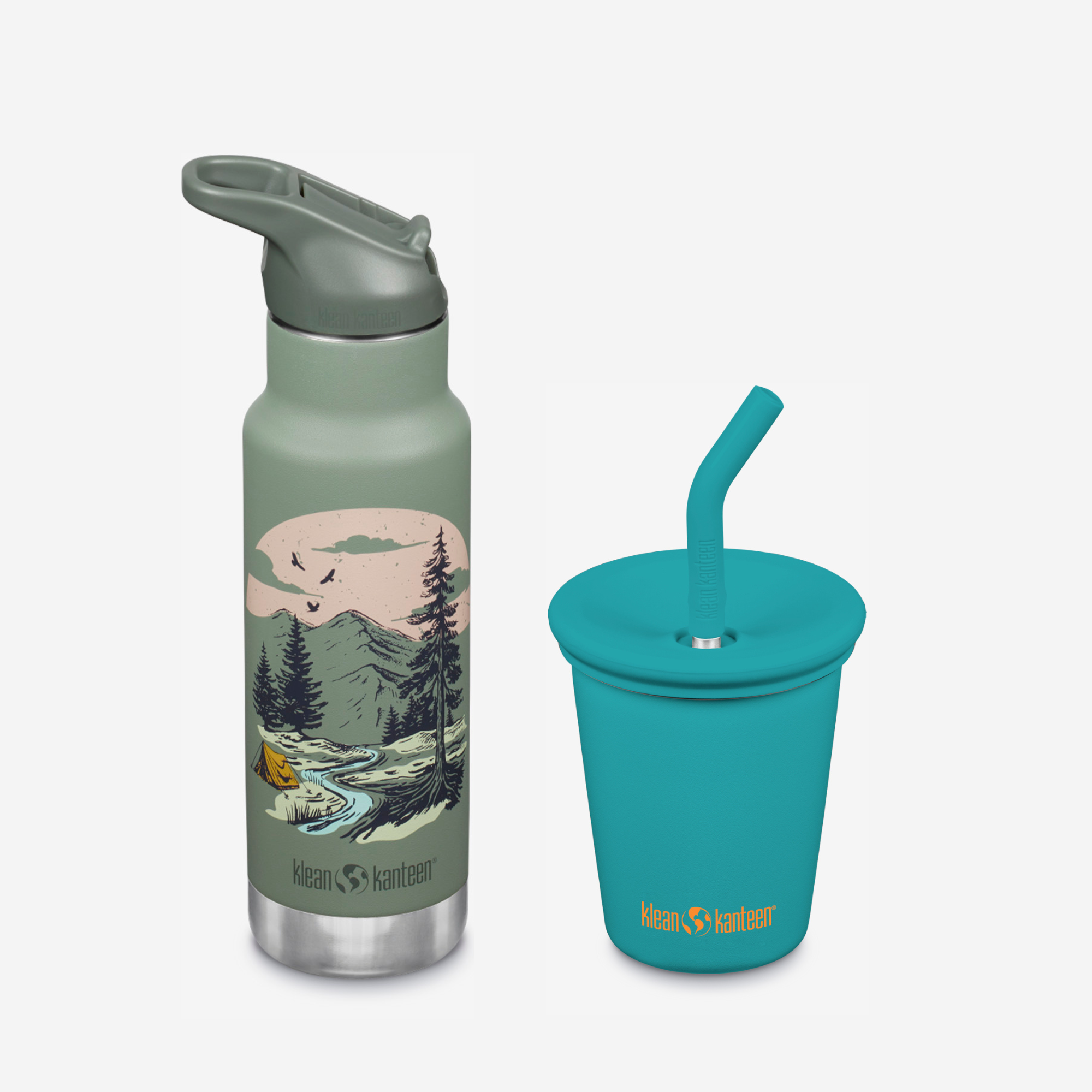 Green water bottle with nature design and teal cup with straw on a white background