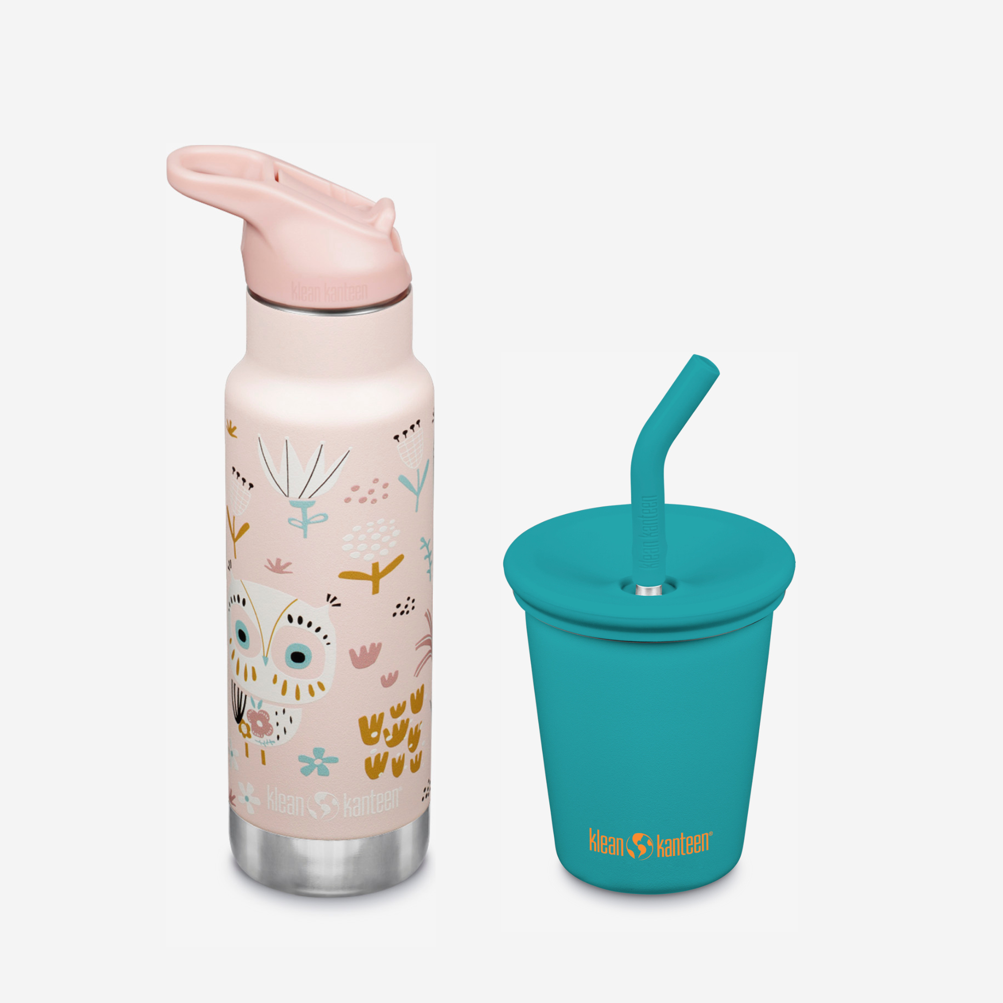 Pink water bottle with animal design and teal cup with straw on a white background