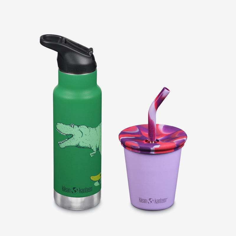 Kid's Sippy Cup and Water Bottle Set - Dinosaurs + Purple