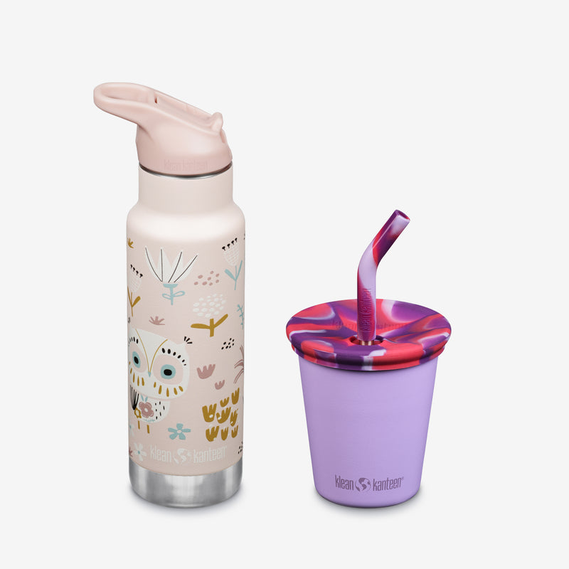 Kid's Sippy Cup and Water Bottle Set - Owls + Purple