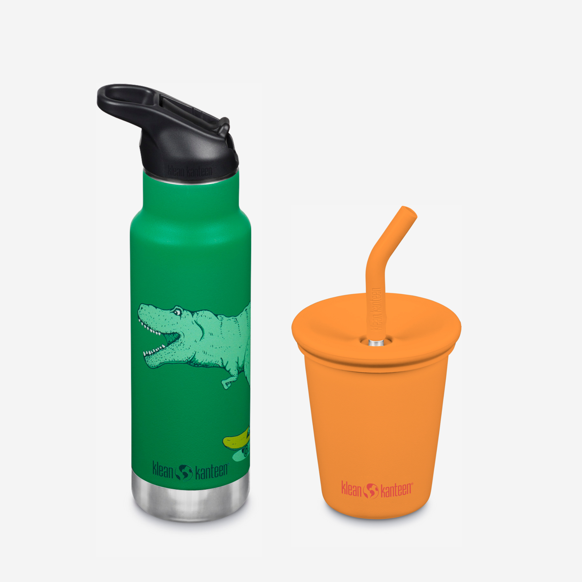 Green water bottle with alligator design and orange cup with straw on a white background