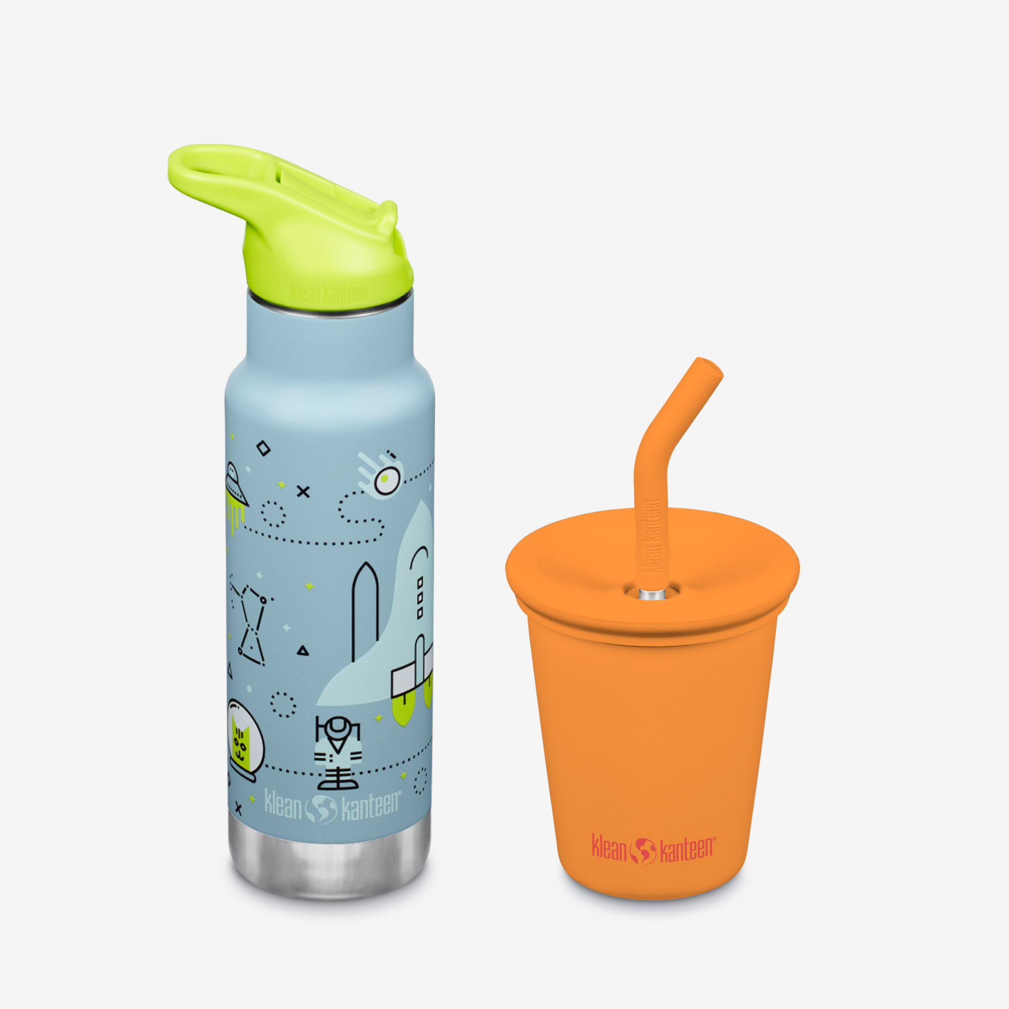 Children's water bottle with green lid and orange cup with straw on a white background