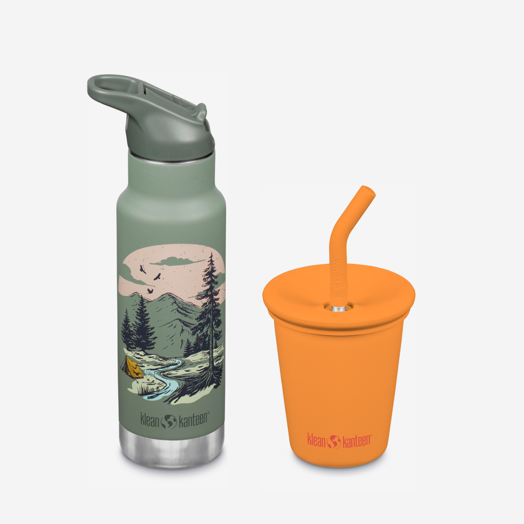 Green water bottle with nature design and orange cup with straw on a white background