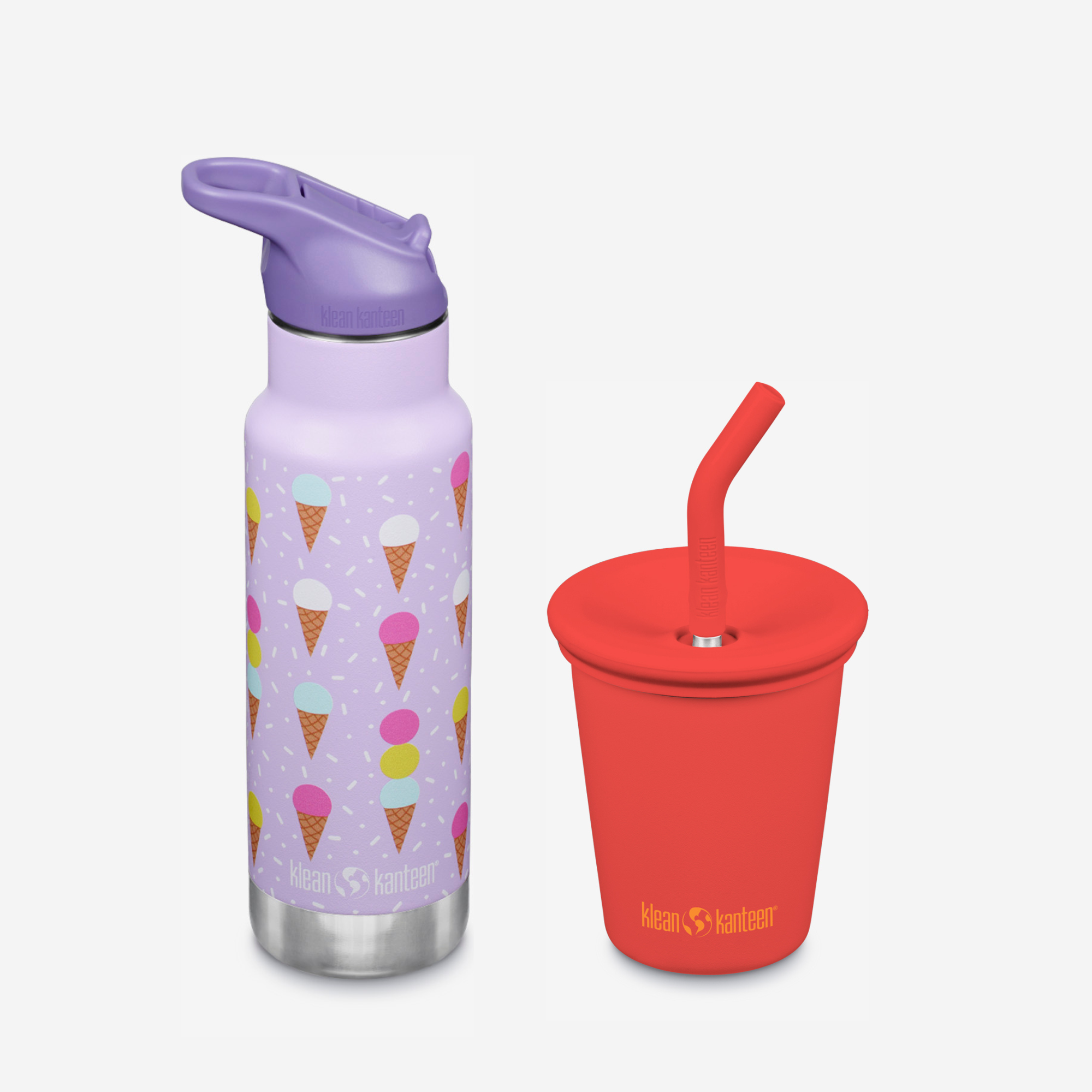 Purple water bottle with ice cream cone pattern and red cup with straw on a white background
