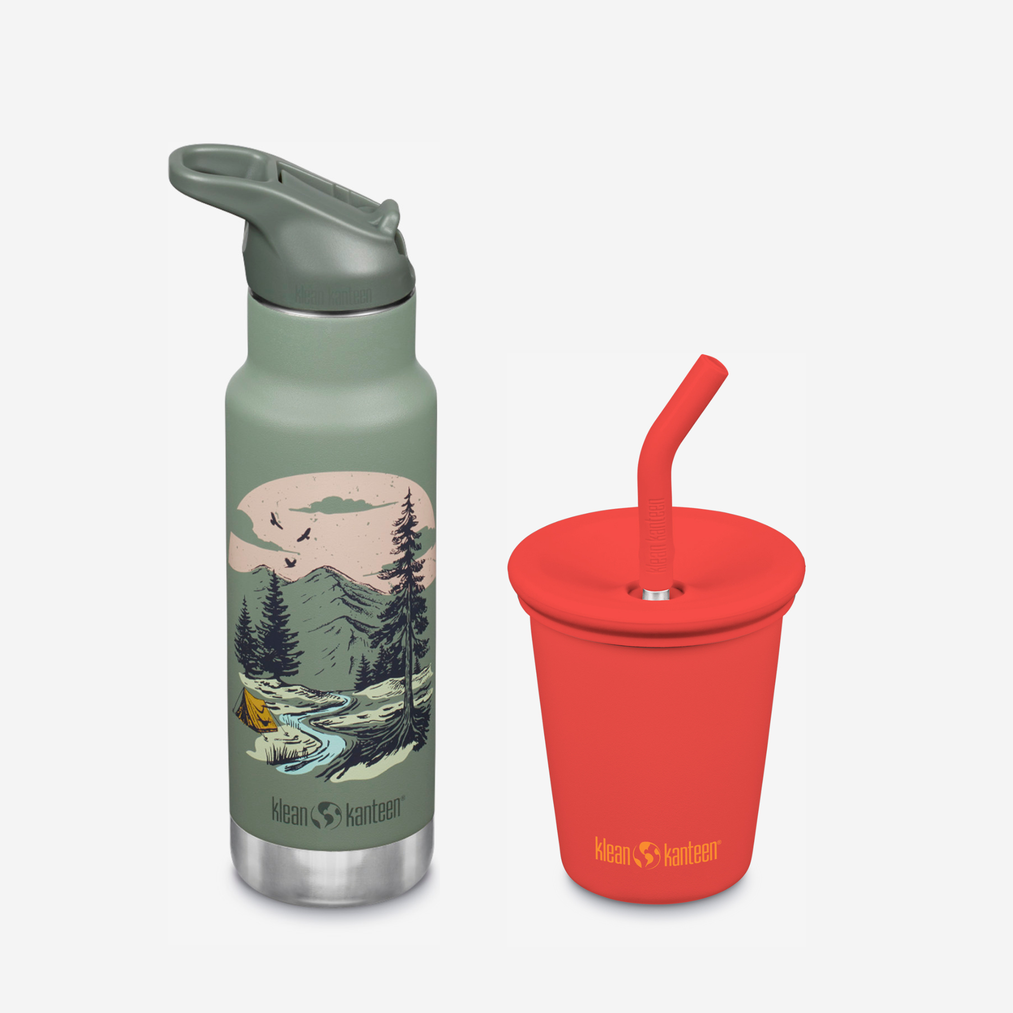 Green water bottle with nature design and red cup with straw on a white background