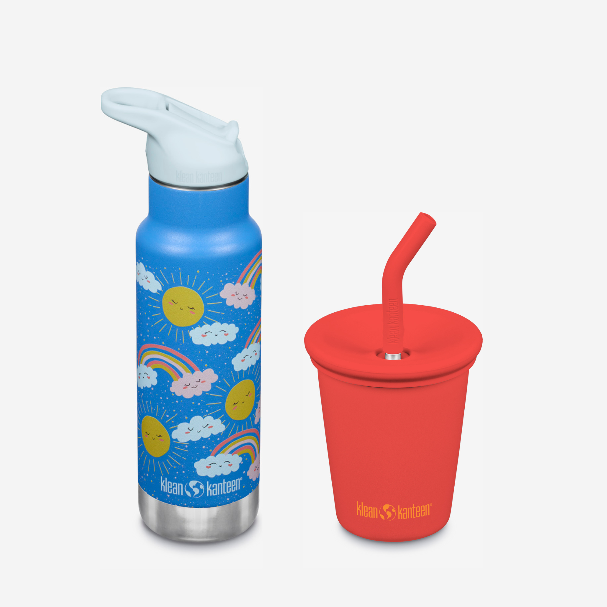 Blue water bottle with weather design and red cup with straw on a white background