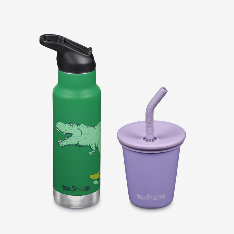 Kid's Sippy Cup and Water Bottle Set - Dinosaurs + Purple