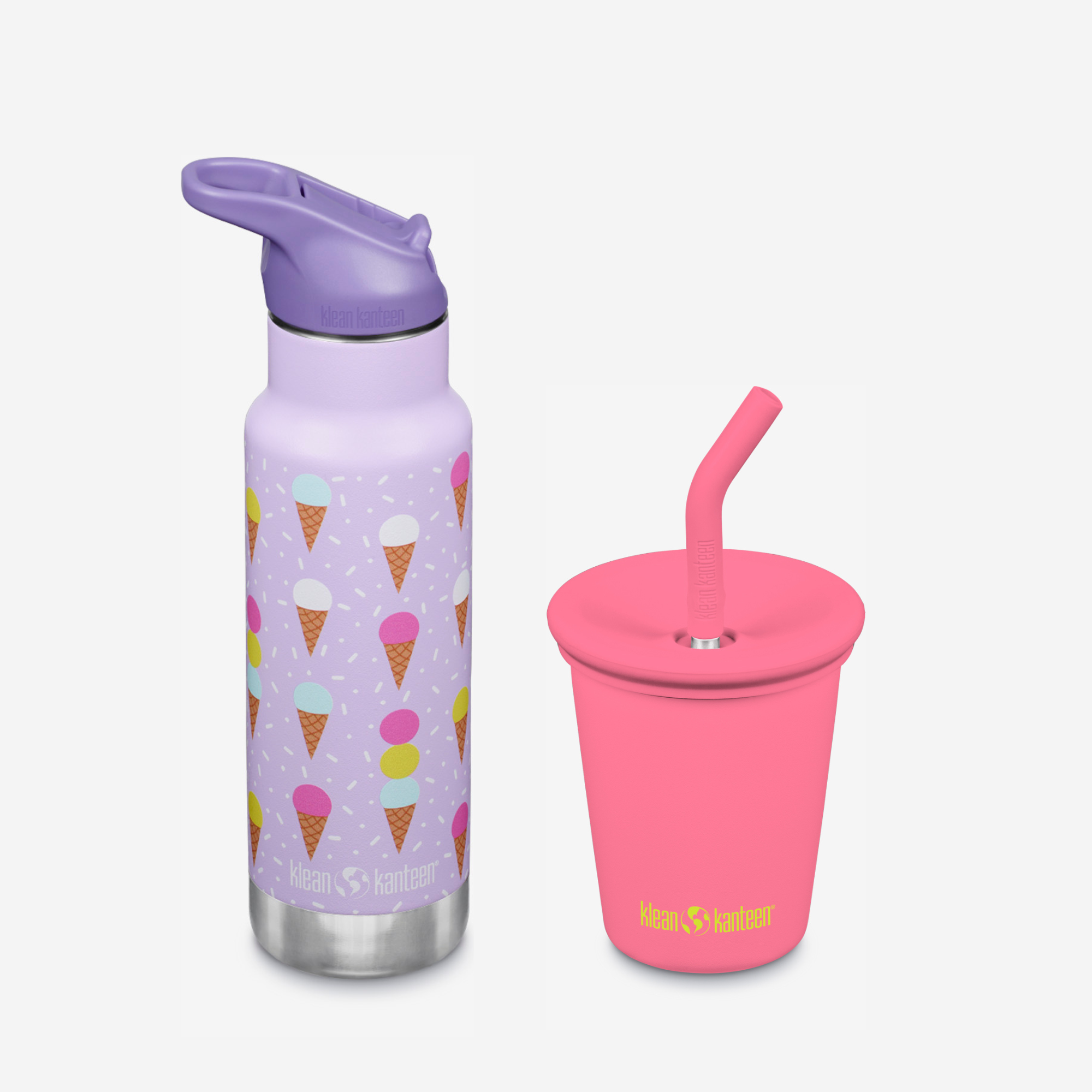 Purple water bottle with ice cream cone pattern and pink cup with straw on a white background