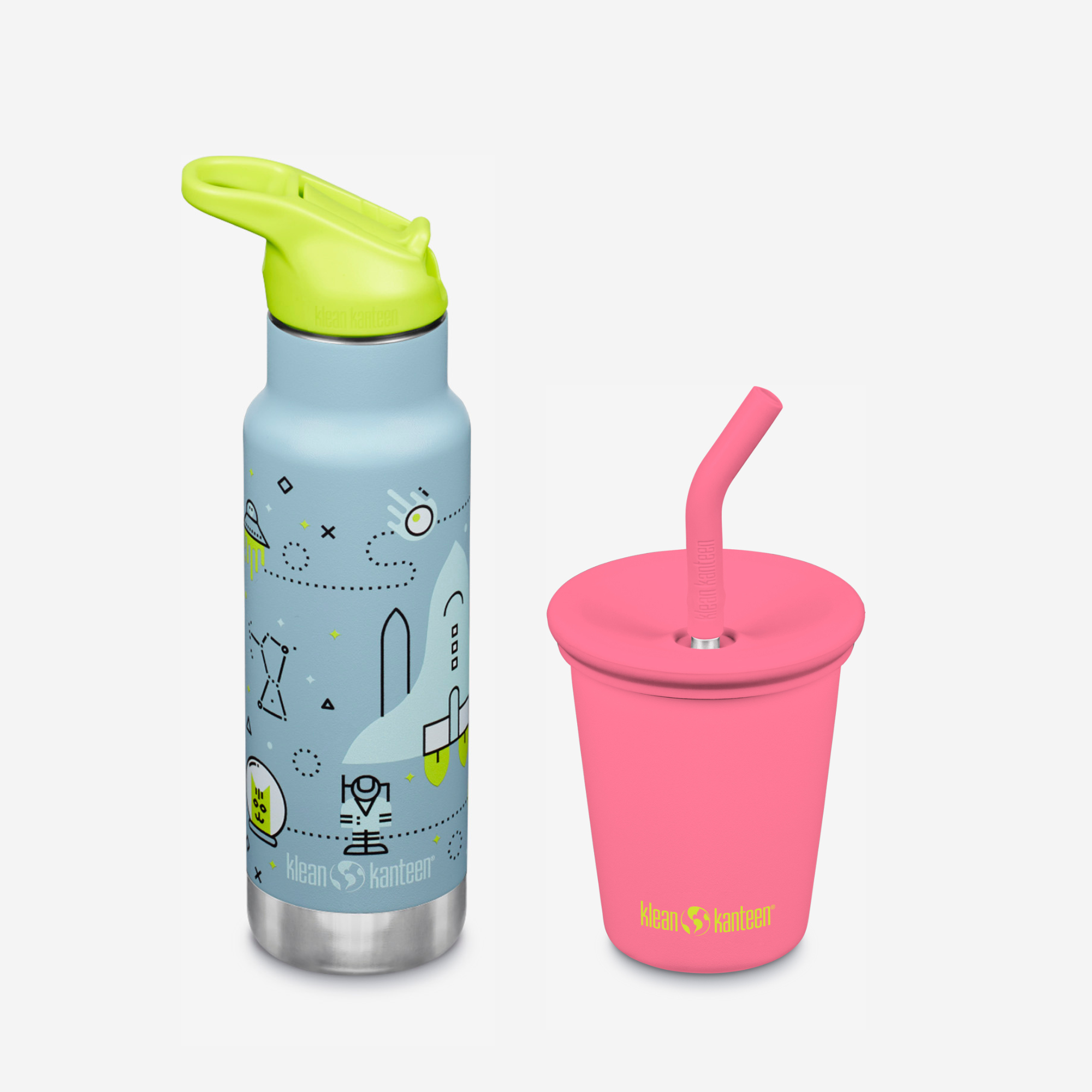 Children's water bottle and cup with a pink lid and straw on a white background