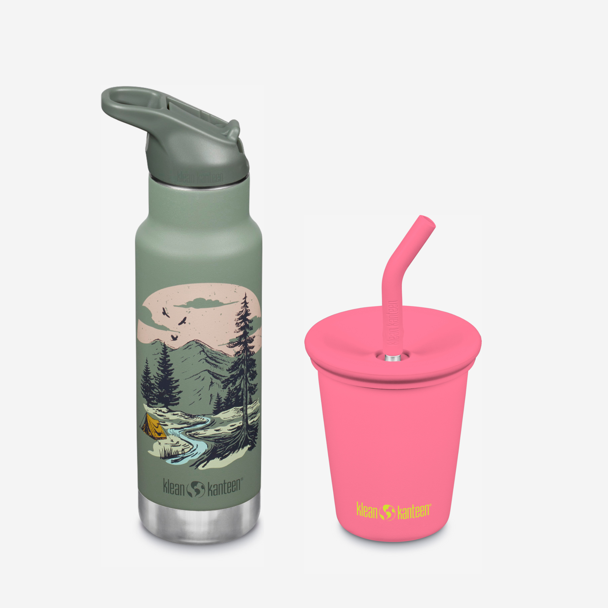 Green water bottle with nature design and pink cup with straw on a white background