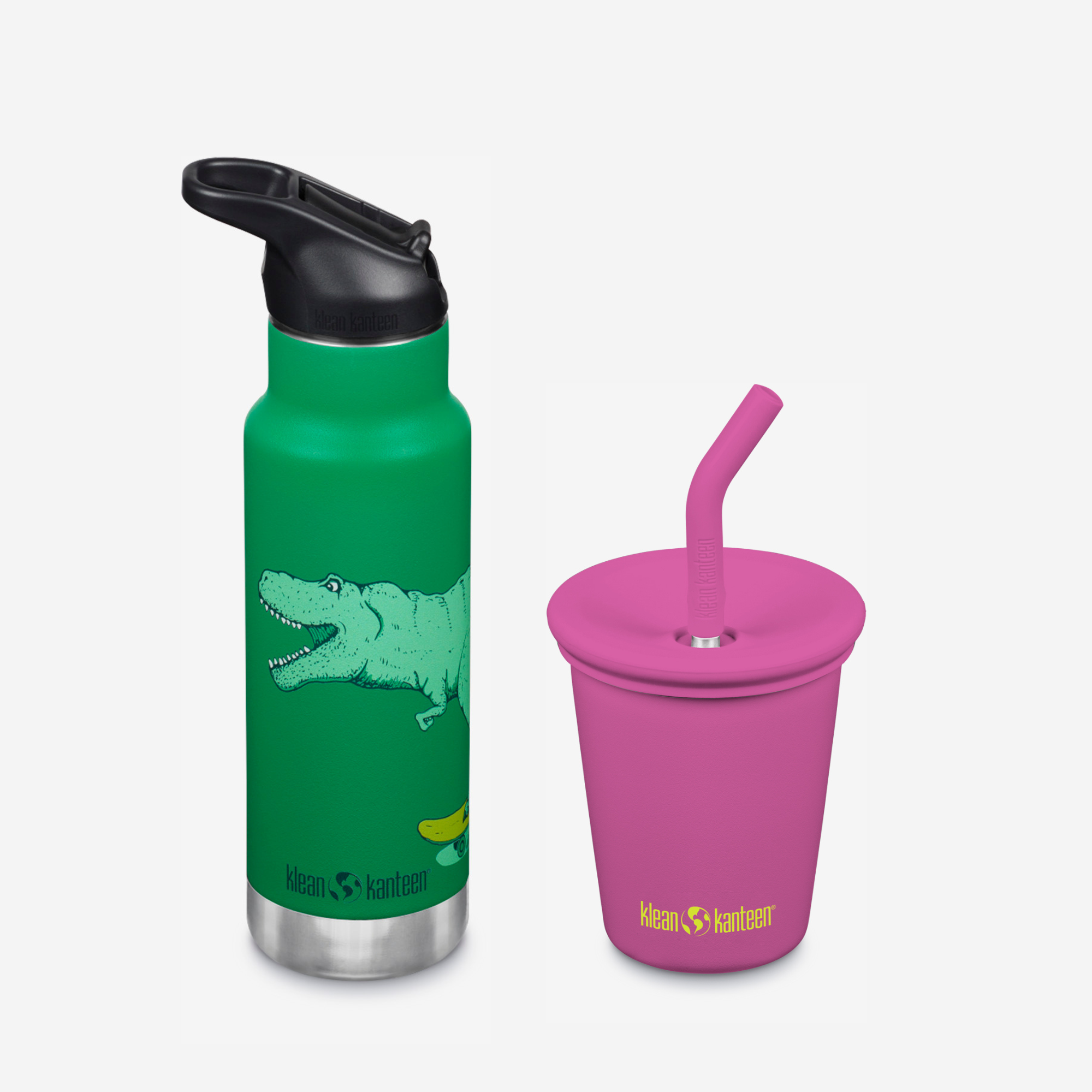 Green water bottle with alligator design and pink cup with straw on a white background