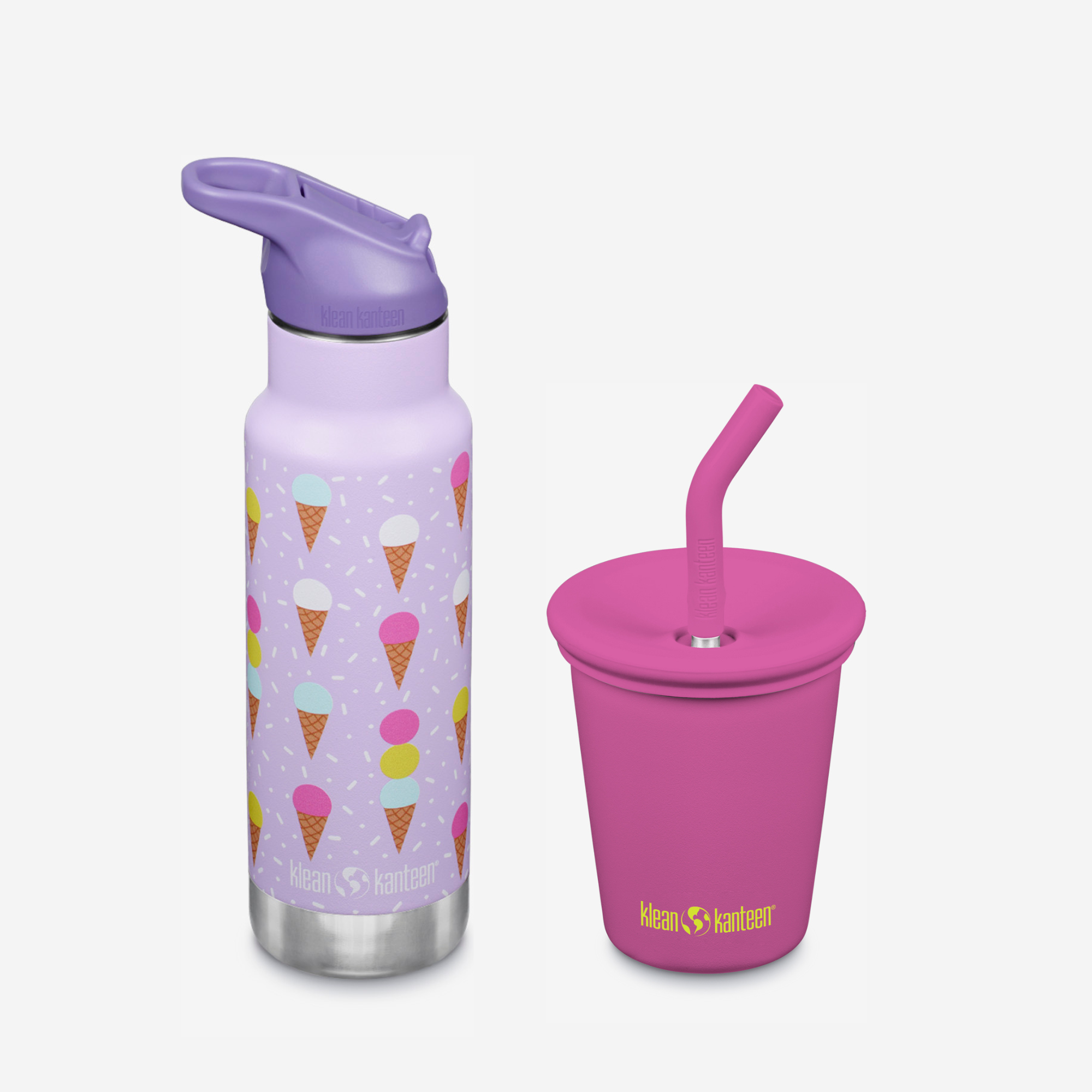 Purple water bottle with ice cream cone pattern and pink cup with straw on a white background