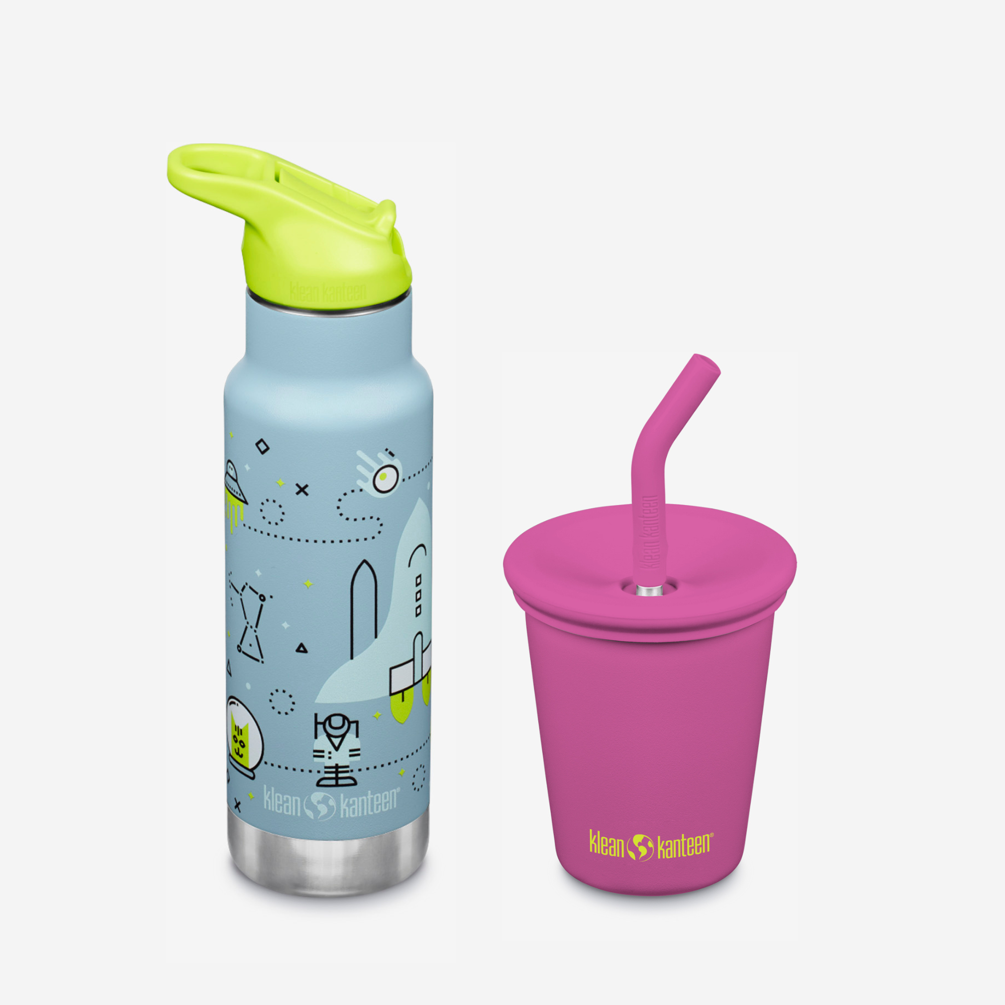 Children's water bottle and cup with colorful lids and straws on a white background