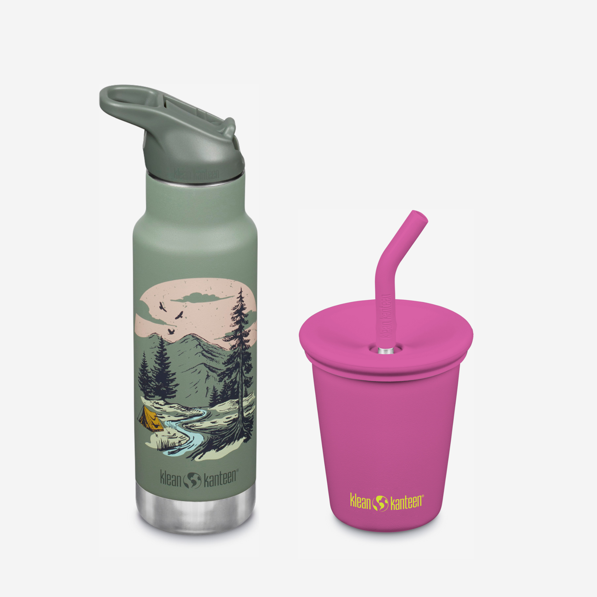 Green water bottle with nature design and pink cup with straw on a white background