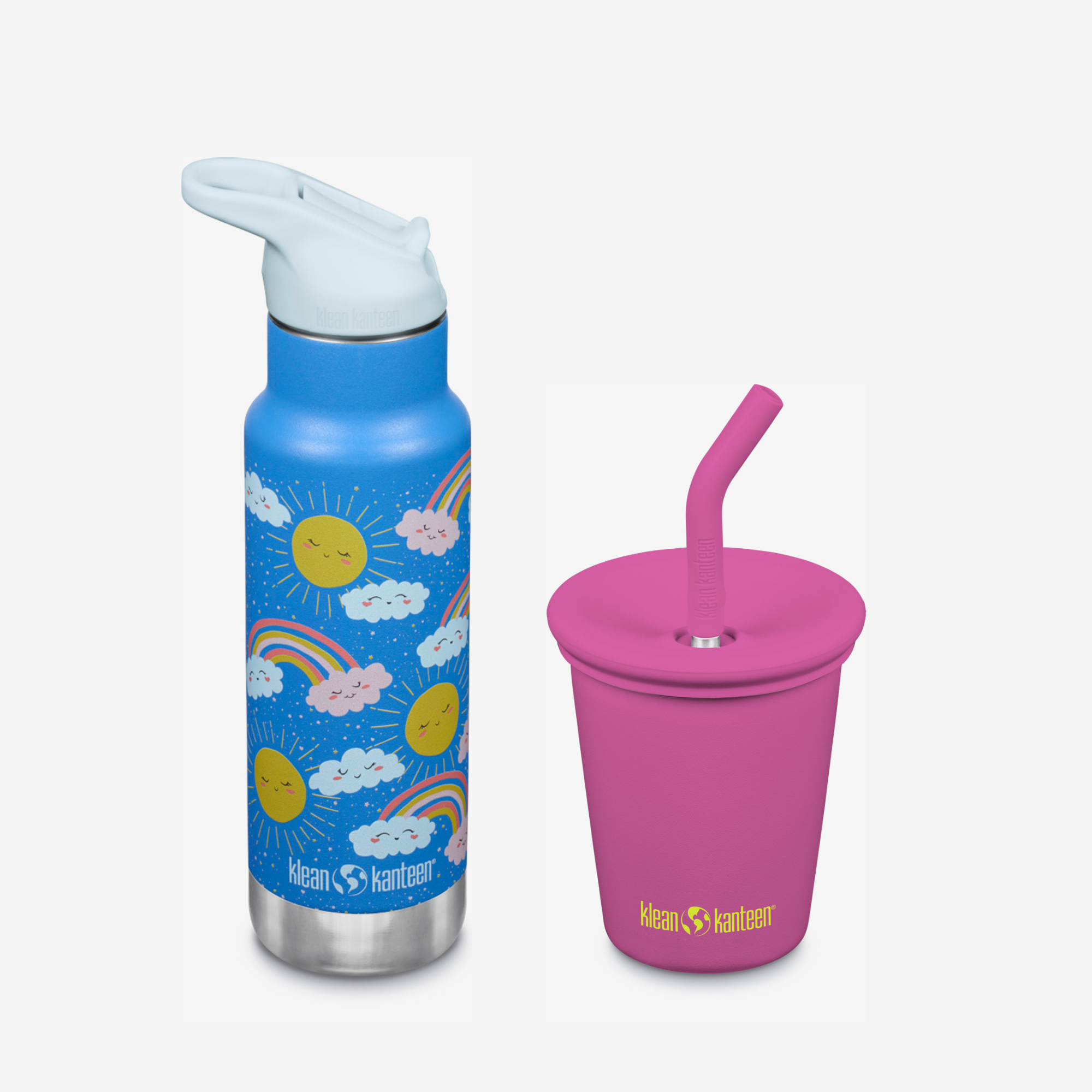Blue water bottle with rainbow design and pink cup with straw on a white background