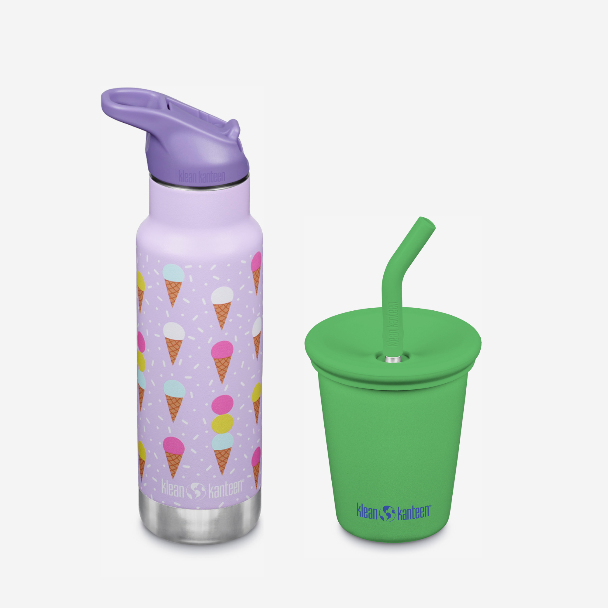 Purple water bottle with ice cream cone pattern and green cup with straw lid on a white background
