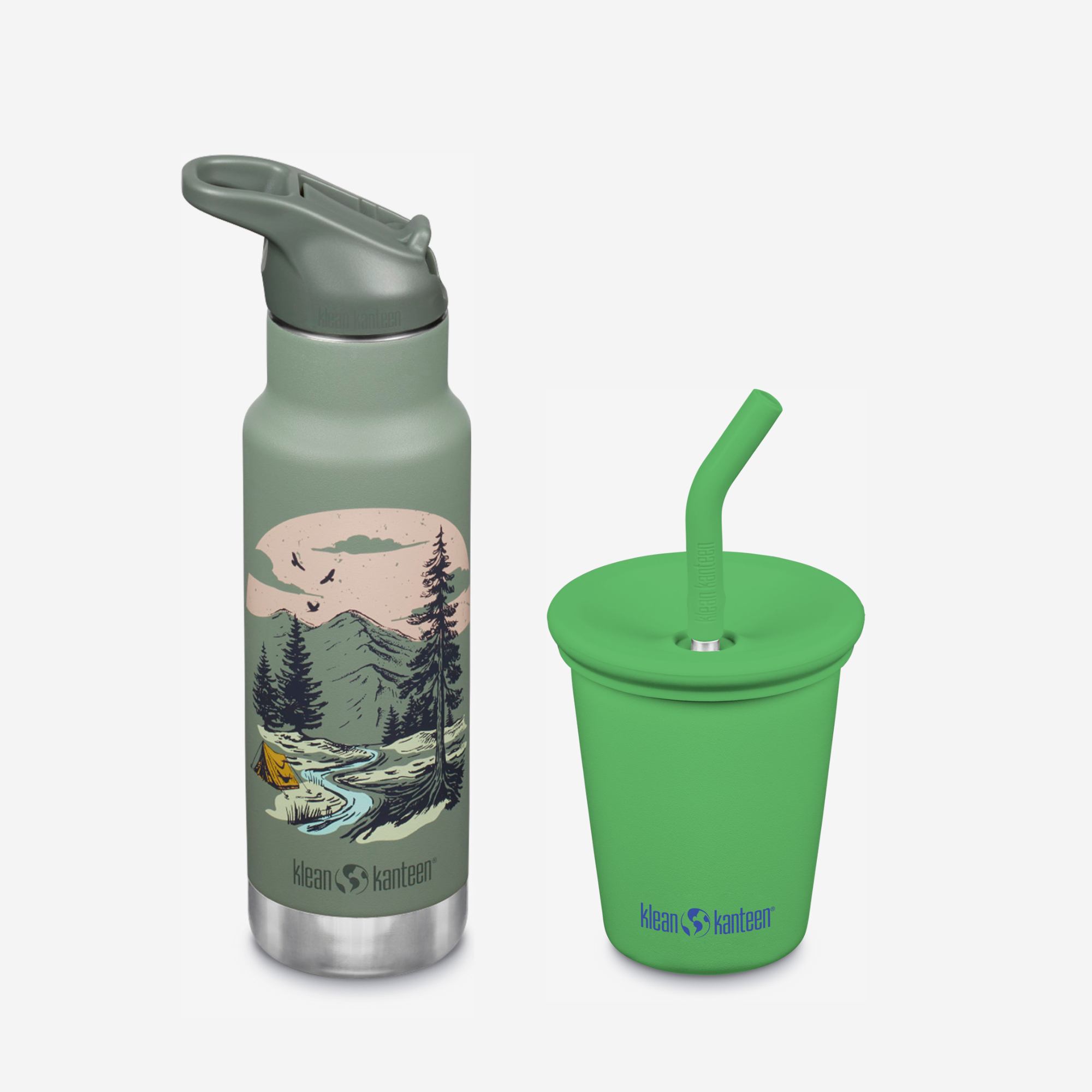 Green water bottle with nature design and green sippy cup with straw lid on a white background