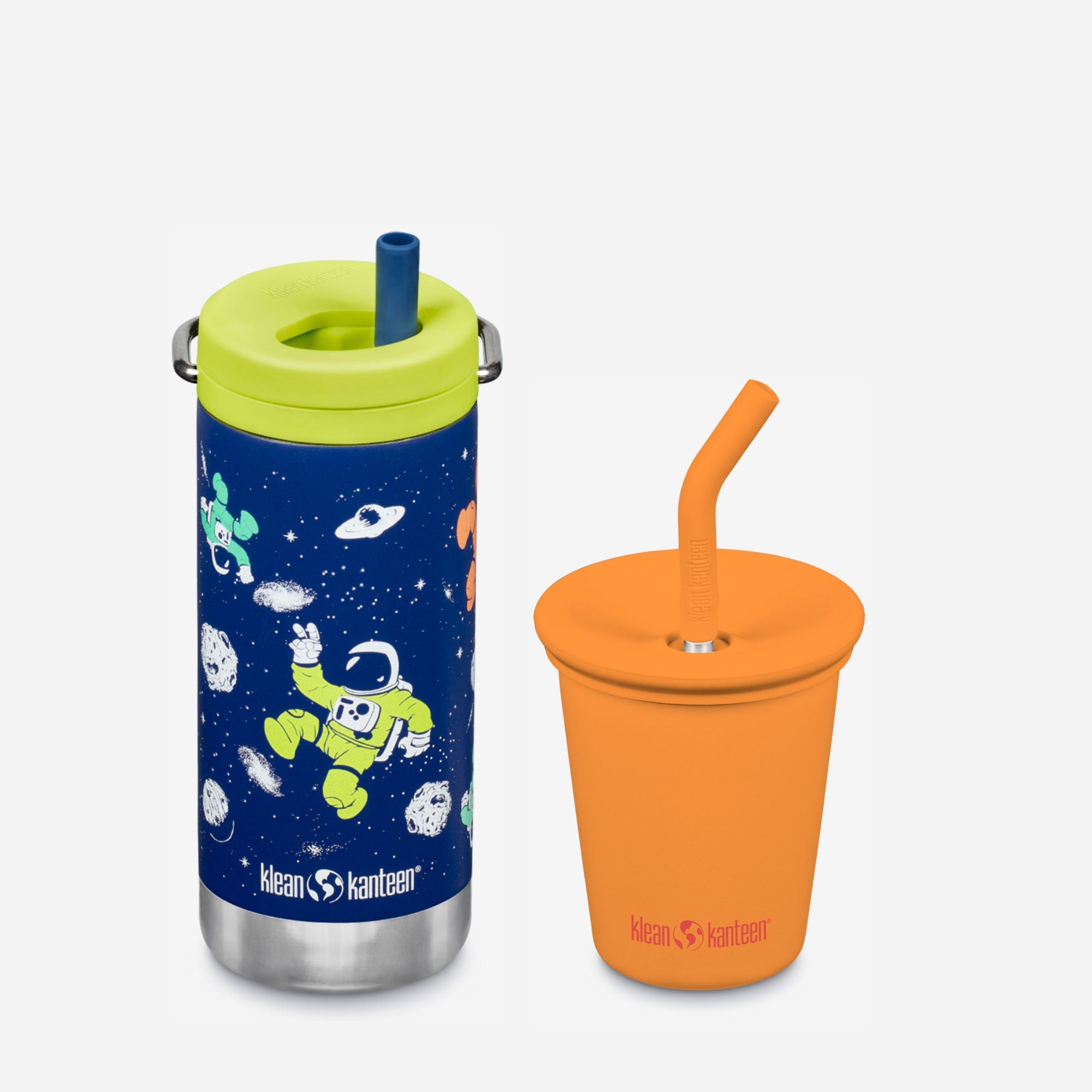 Two children's cups with straws, one blue with space-themed design and the other orange, on a white background.