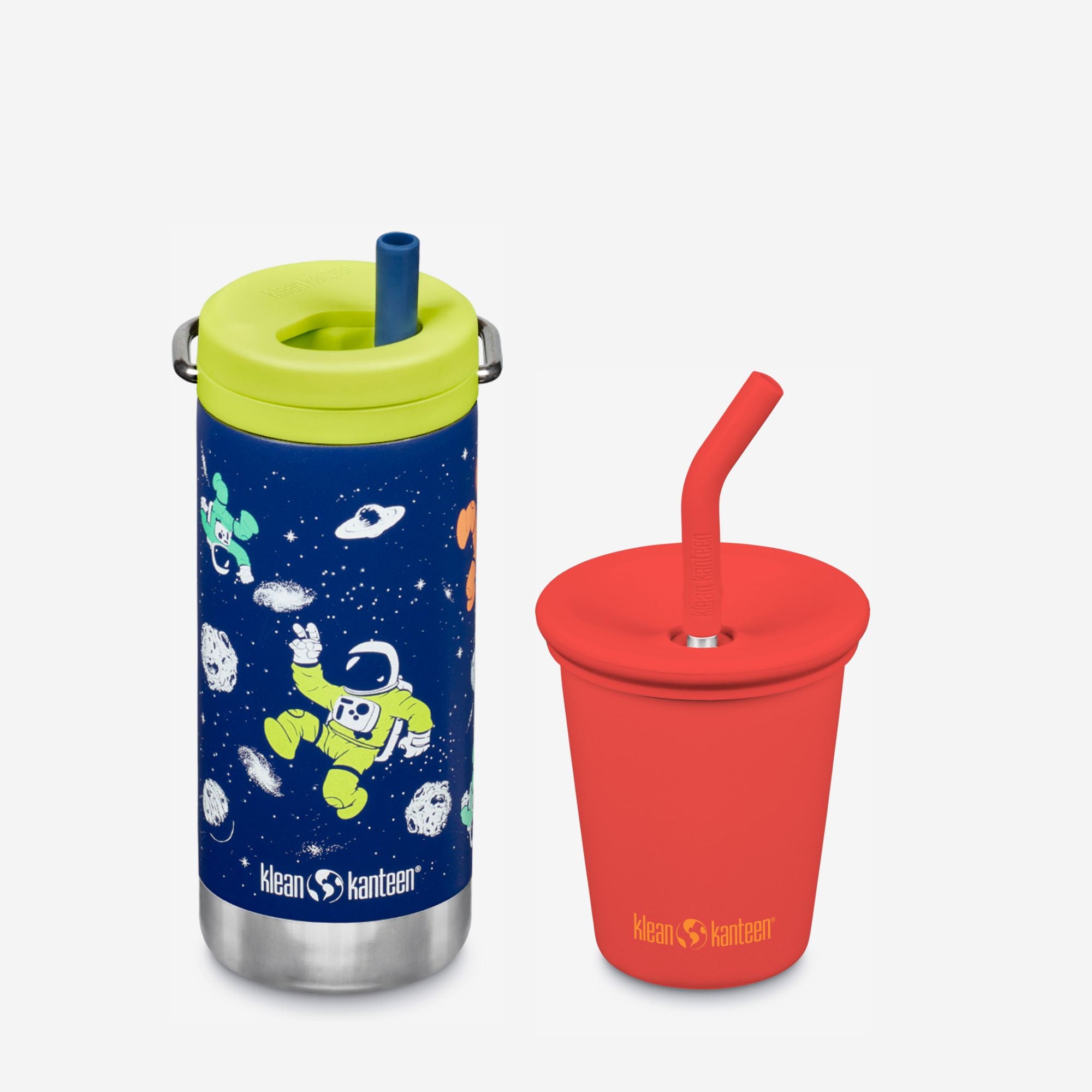 Two children's cups with colorful lids and straws on a white background