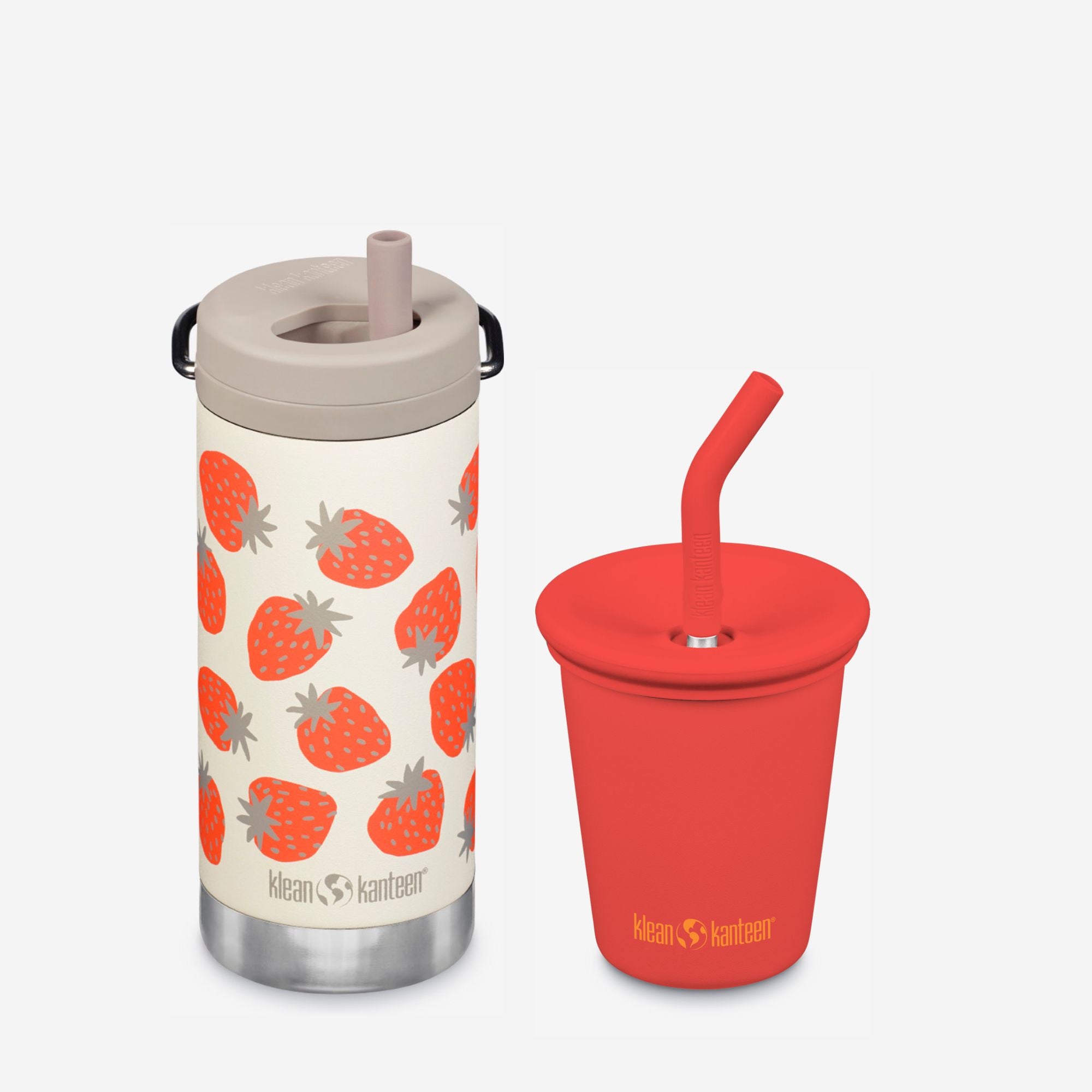 Klean Kanteen insulated bottle with strawberry pattern and red cup with straw on a white background