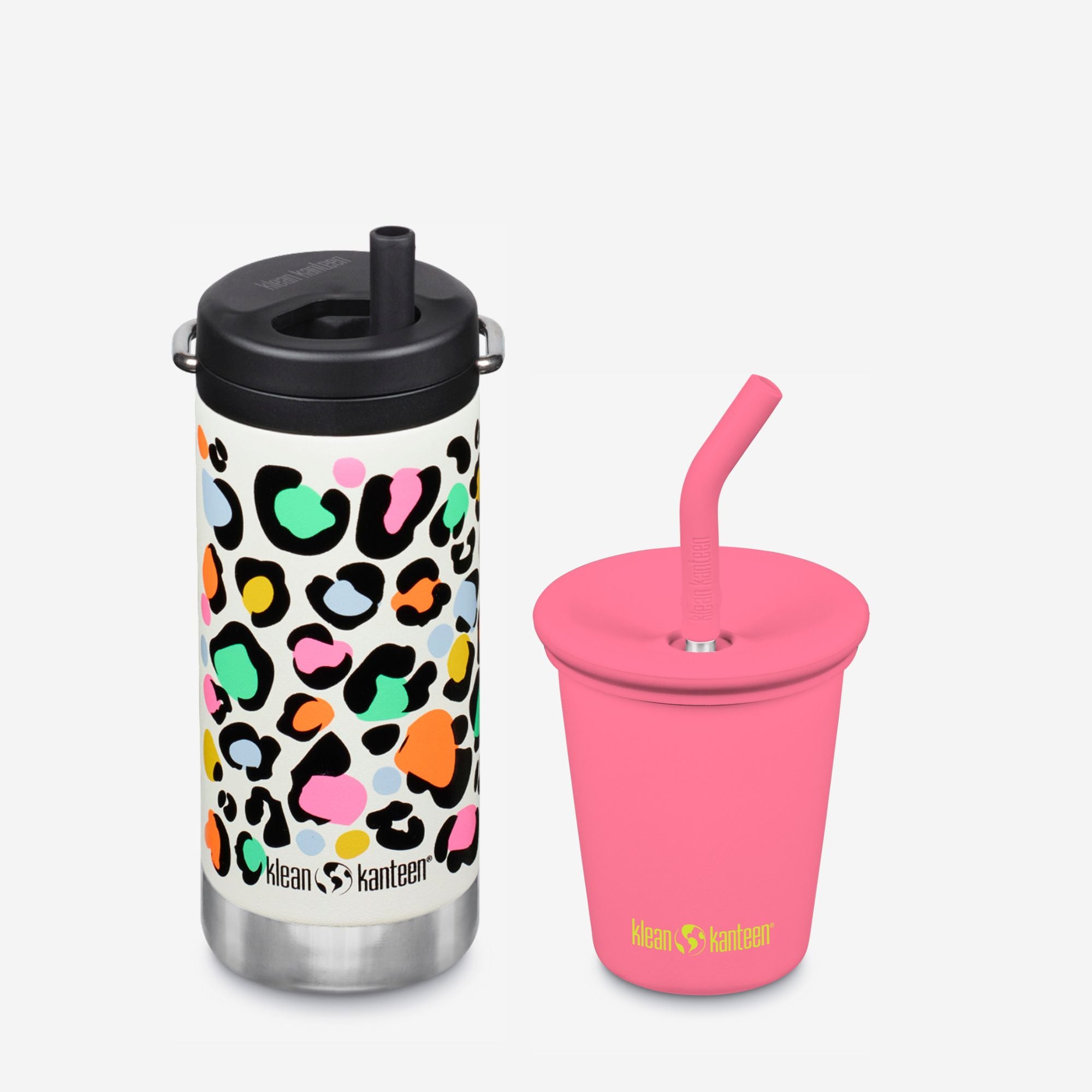 Two reusable cups with colorful leopard print and pink design on a white background