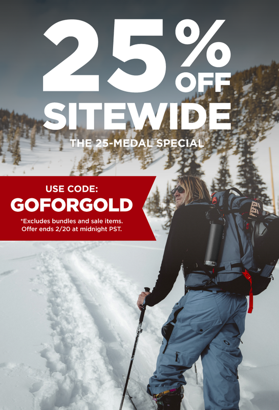 Person skiing in a snowy landscape with promotional text overlay for a 25% off site-wide sale.
