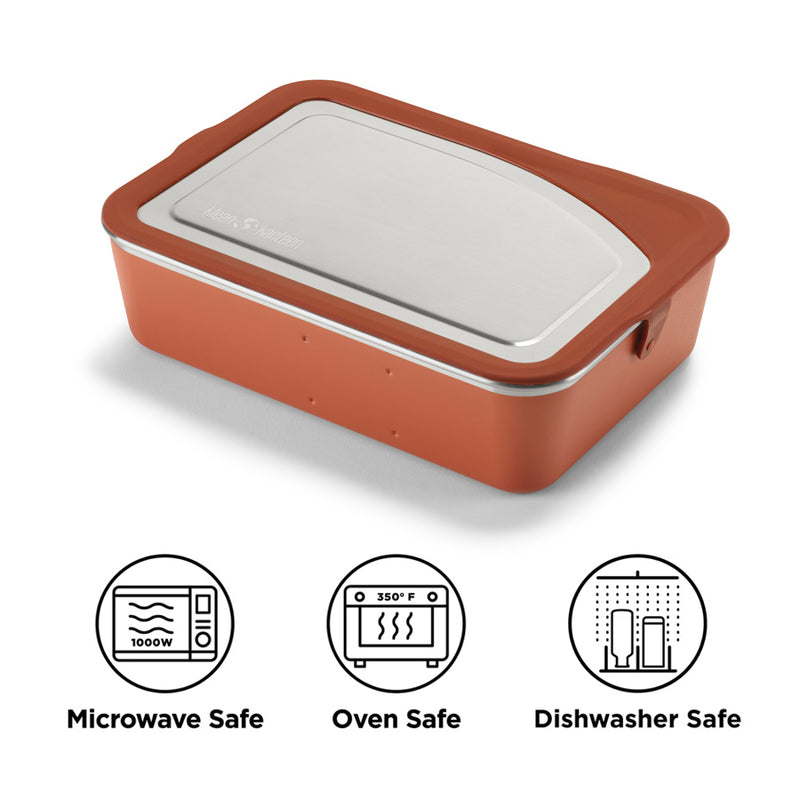 Steel lunch box that is microwave safe and oven safe