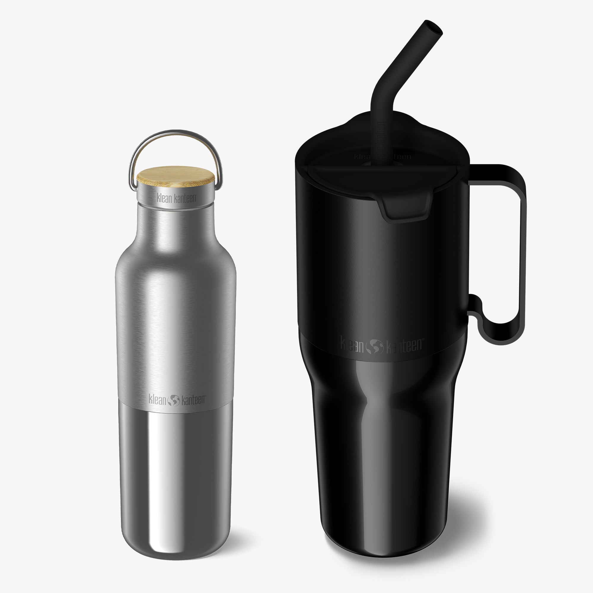 Silver water bottle and black insulated mug with handle on a white background