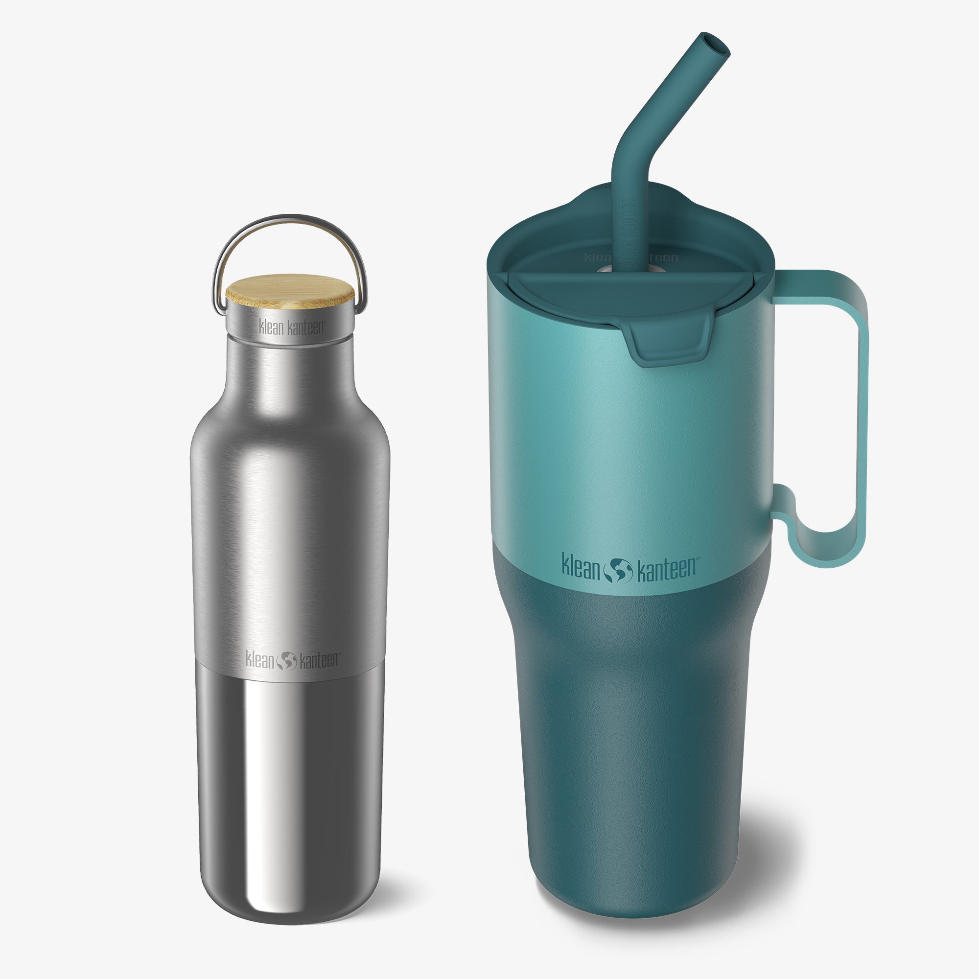 Silver water bottle and teal insulated tumbler with handle on a white background