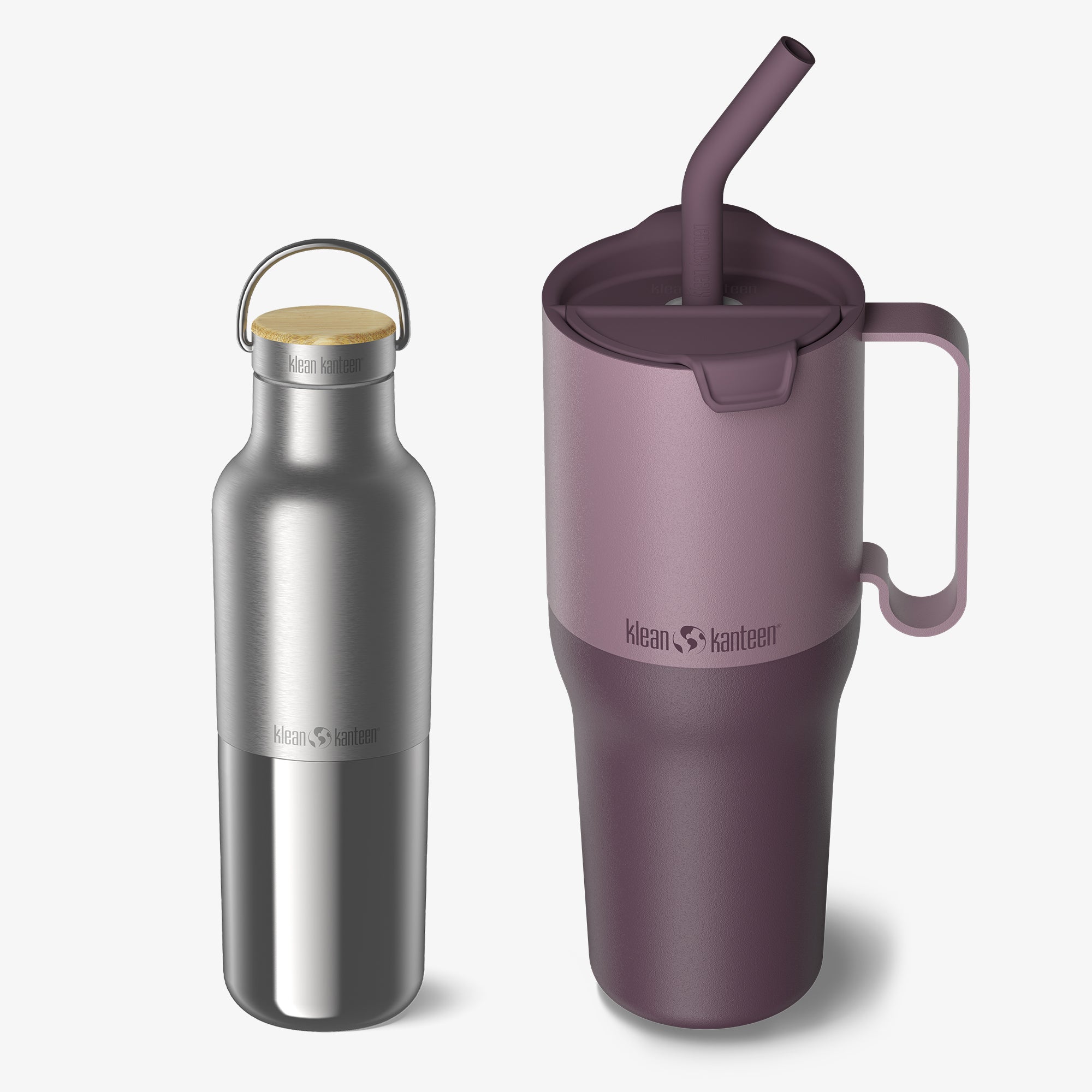 Silver water bottle and purple insulated mug with handle on a white background