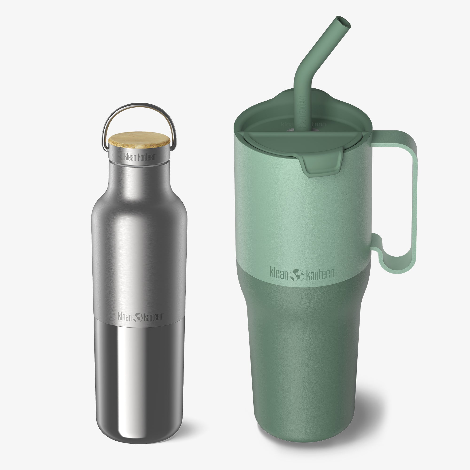 Silver water bottle and green insulated mug with handle on a white background
