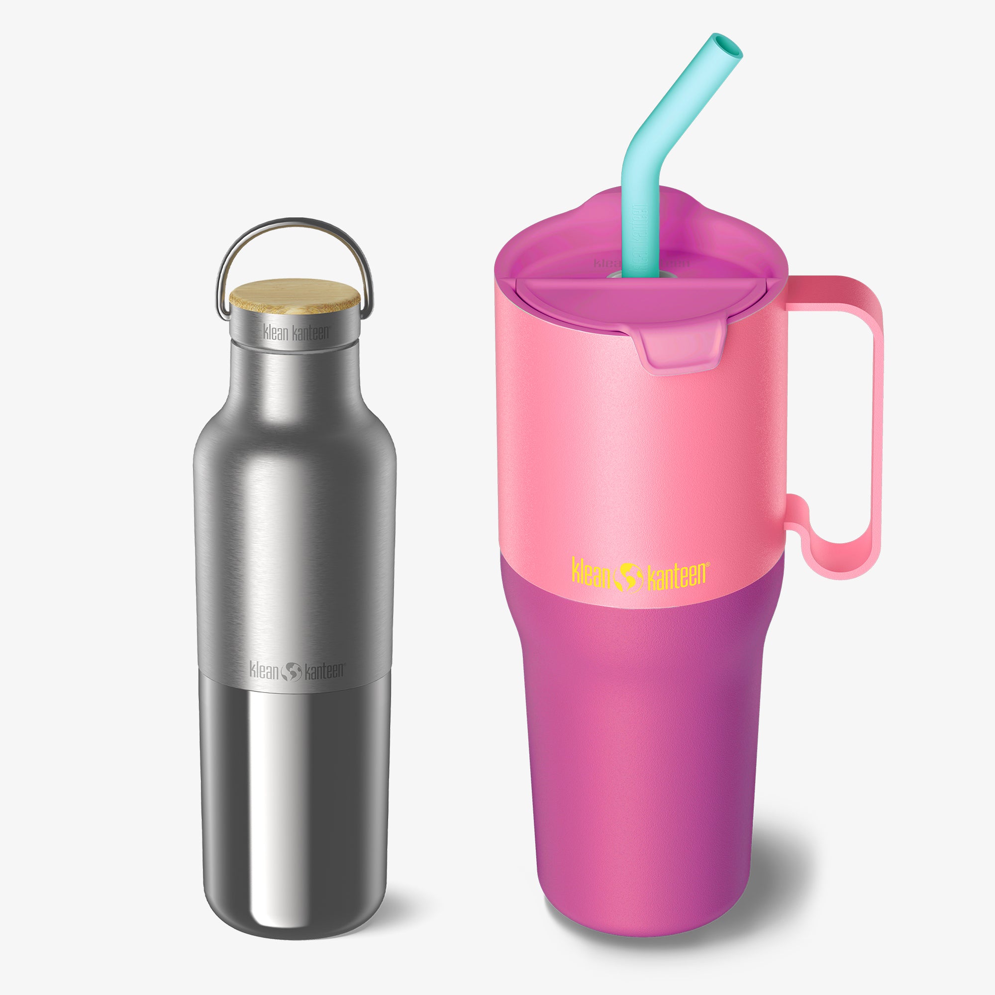 Pink insulated tumbler with handle and straw, next to a silver water bottle on a white background