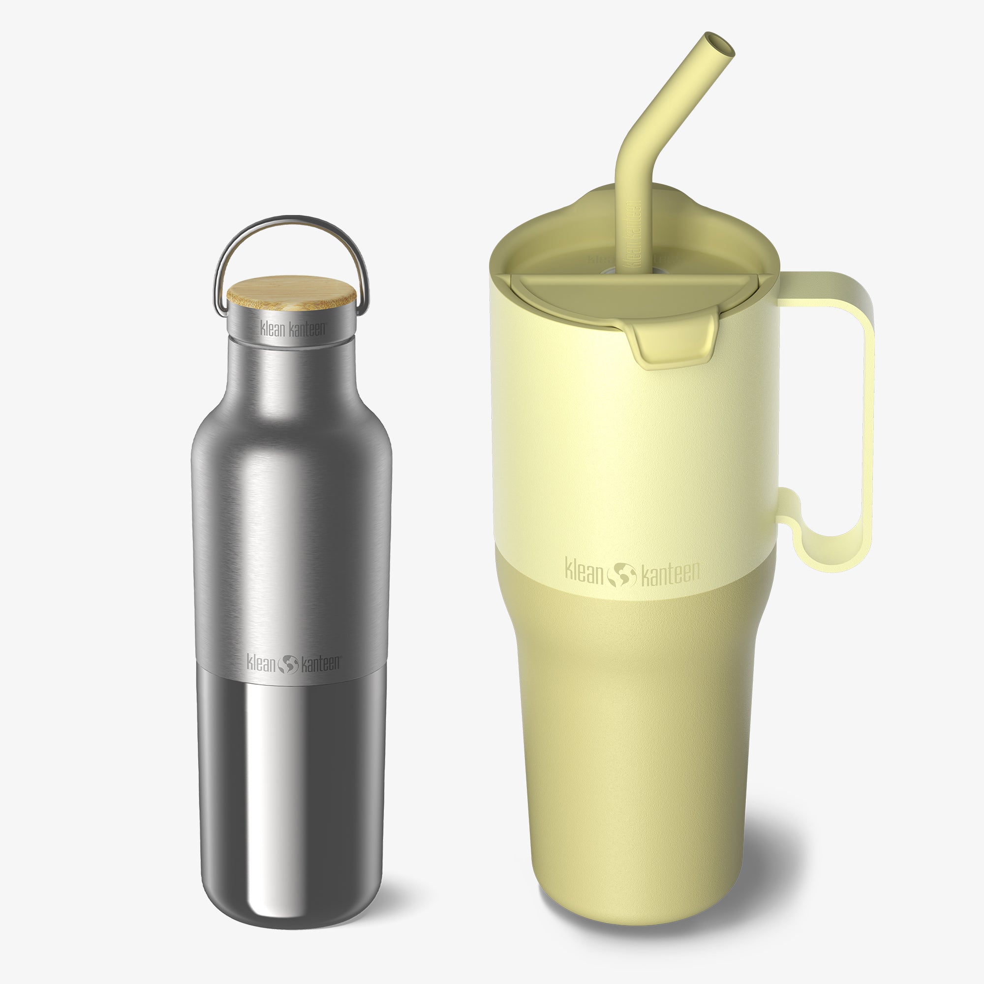 Silver water bottle and yellow mug with handle on a white background