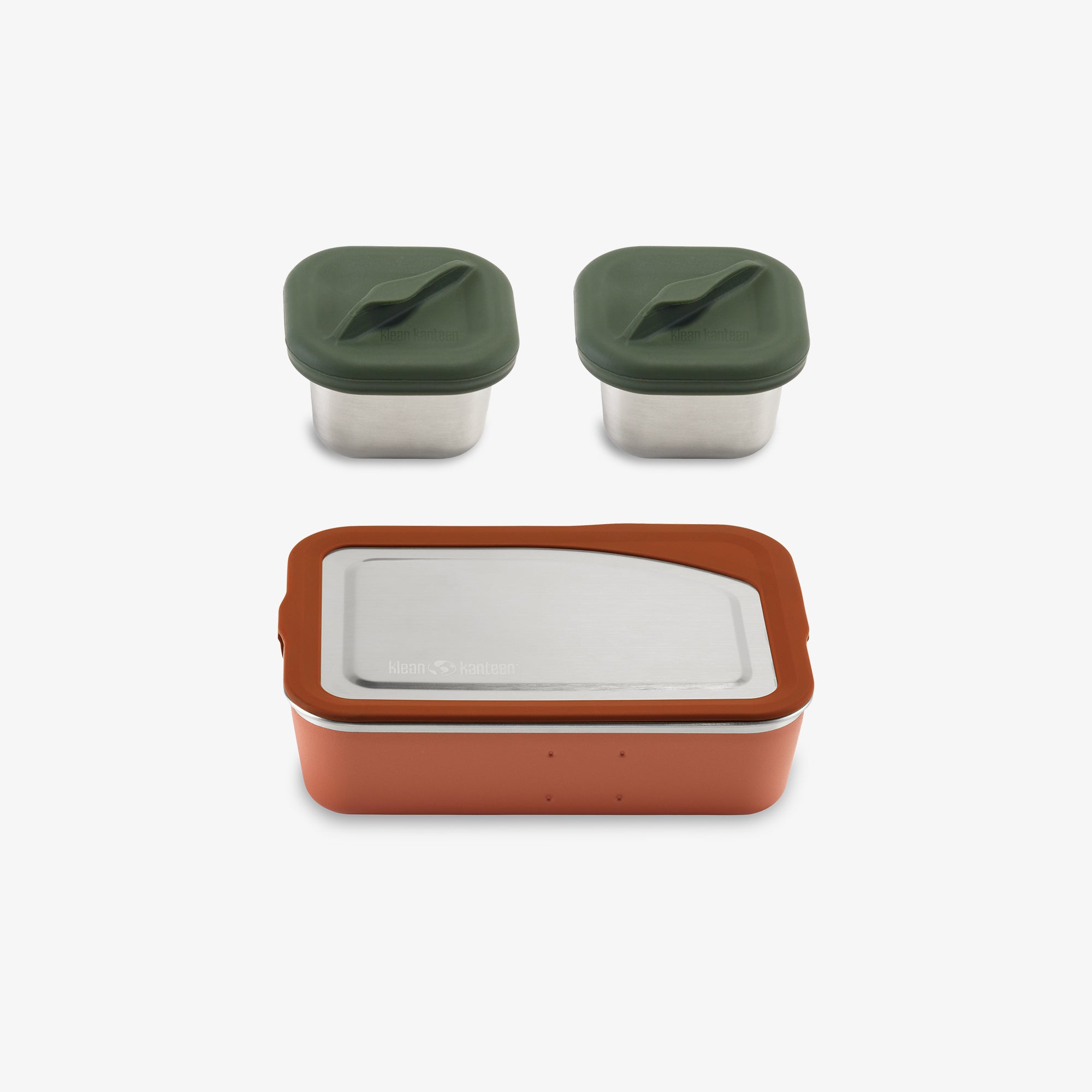 Set of three containers with green lids on a white background