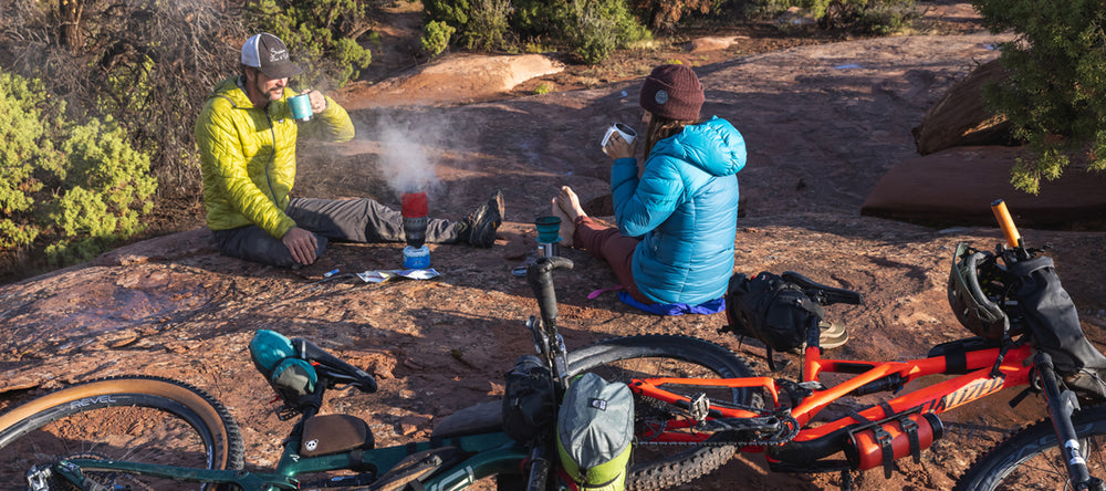 12oz Camp Mug - Couple Drinking Coffee and Bike Camping