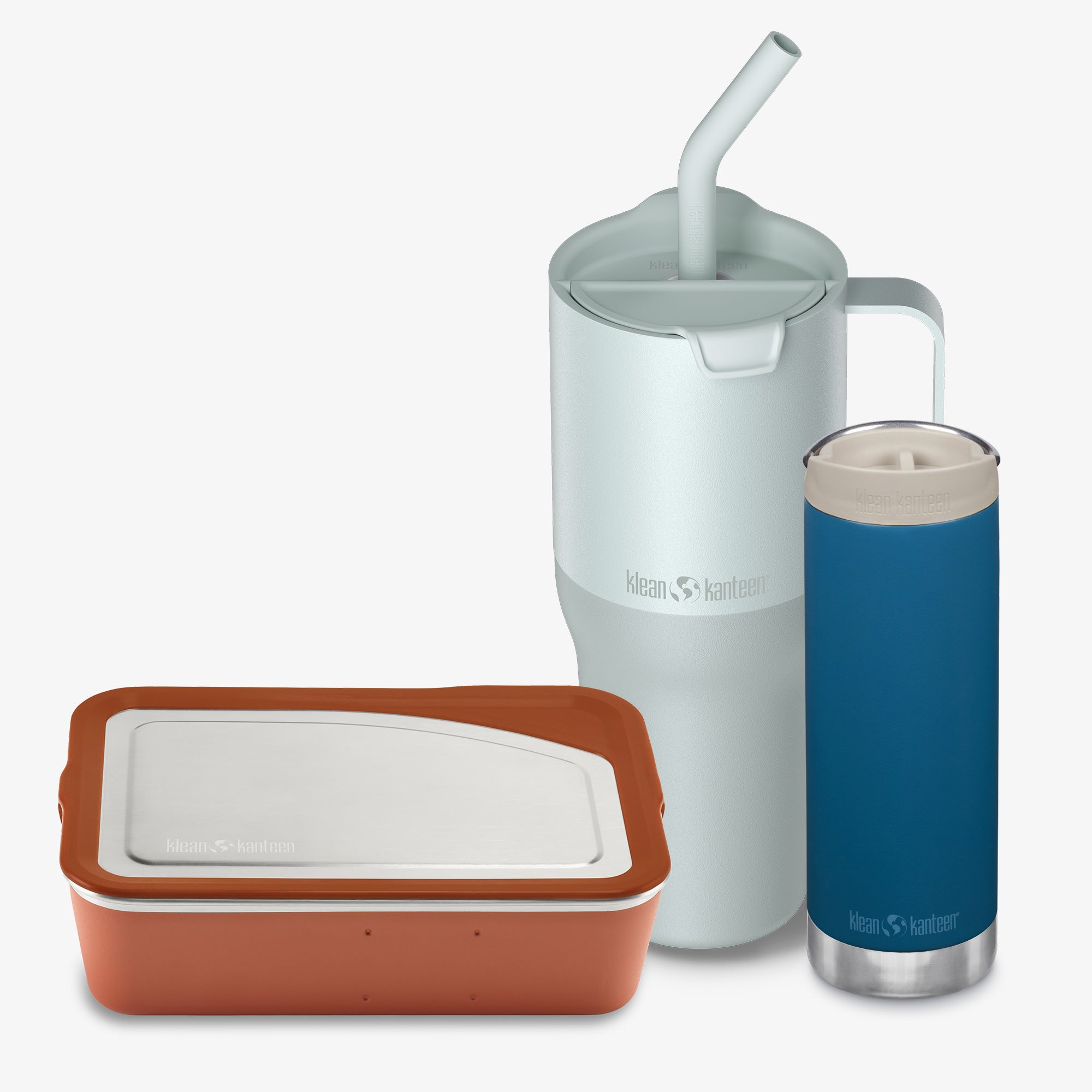 Set of reusable containers with a white lid, brown container, white tumbler with straw, and blue tumbler on a white background.